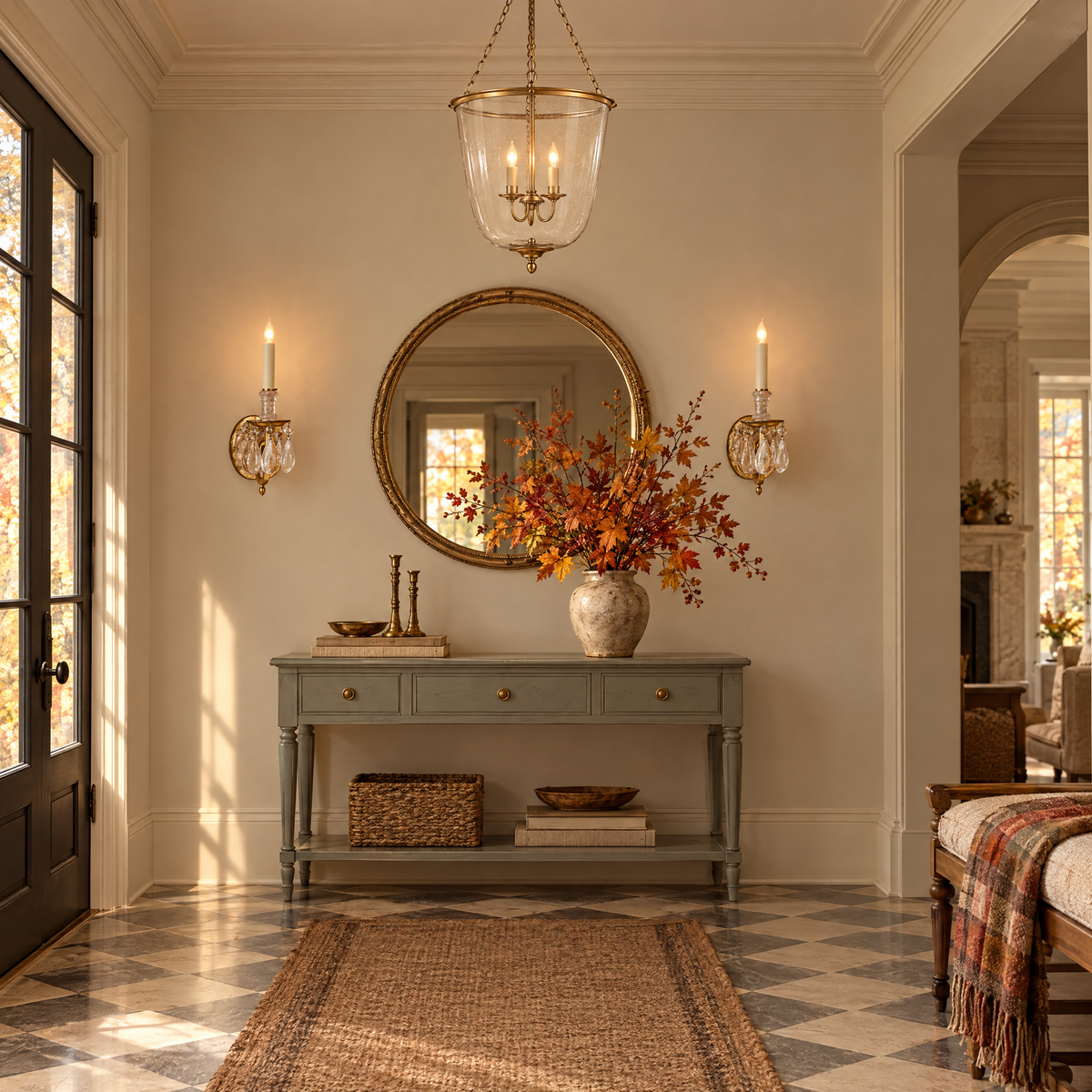 Entry hall with an AERIN Pondview jar lantern and Thomas O'Brien Elizabeth sconces