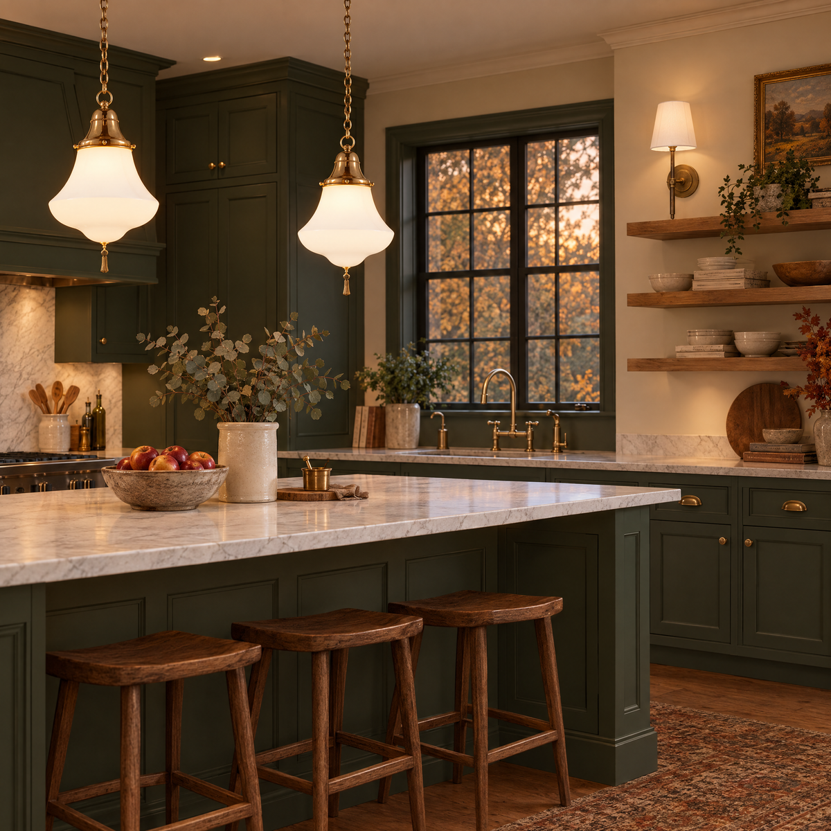 Green kitchen with Ralph Lauren Xavier pendants over the island and a Thomas O'Brien Bryant sconce