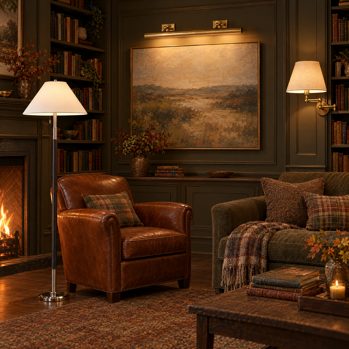 Paneled study with a Ralph Lauren Garner floor lamp, brass picture light and Boston swing arm sconce