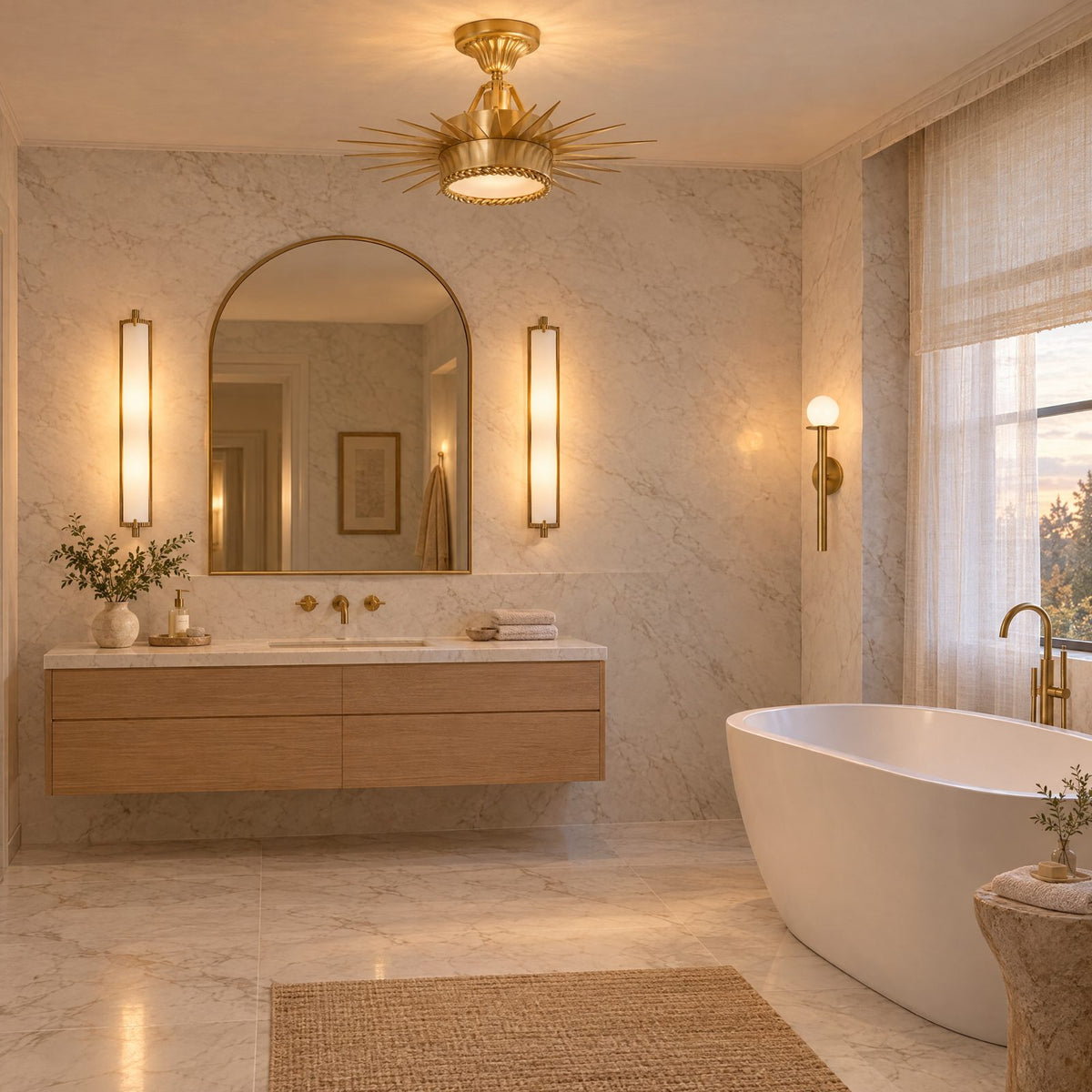 Shop the look: Spa-inspired marble bathroom with Thomas O'Brien Calliope tall bath lights flanking the mirrors, a Suzanne Kasler Soleil semi-flush ceiling light and a Kelly Wearstler Nodes sconce beside the soaking tub