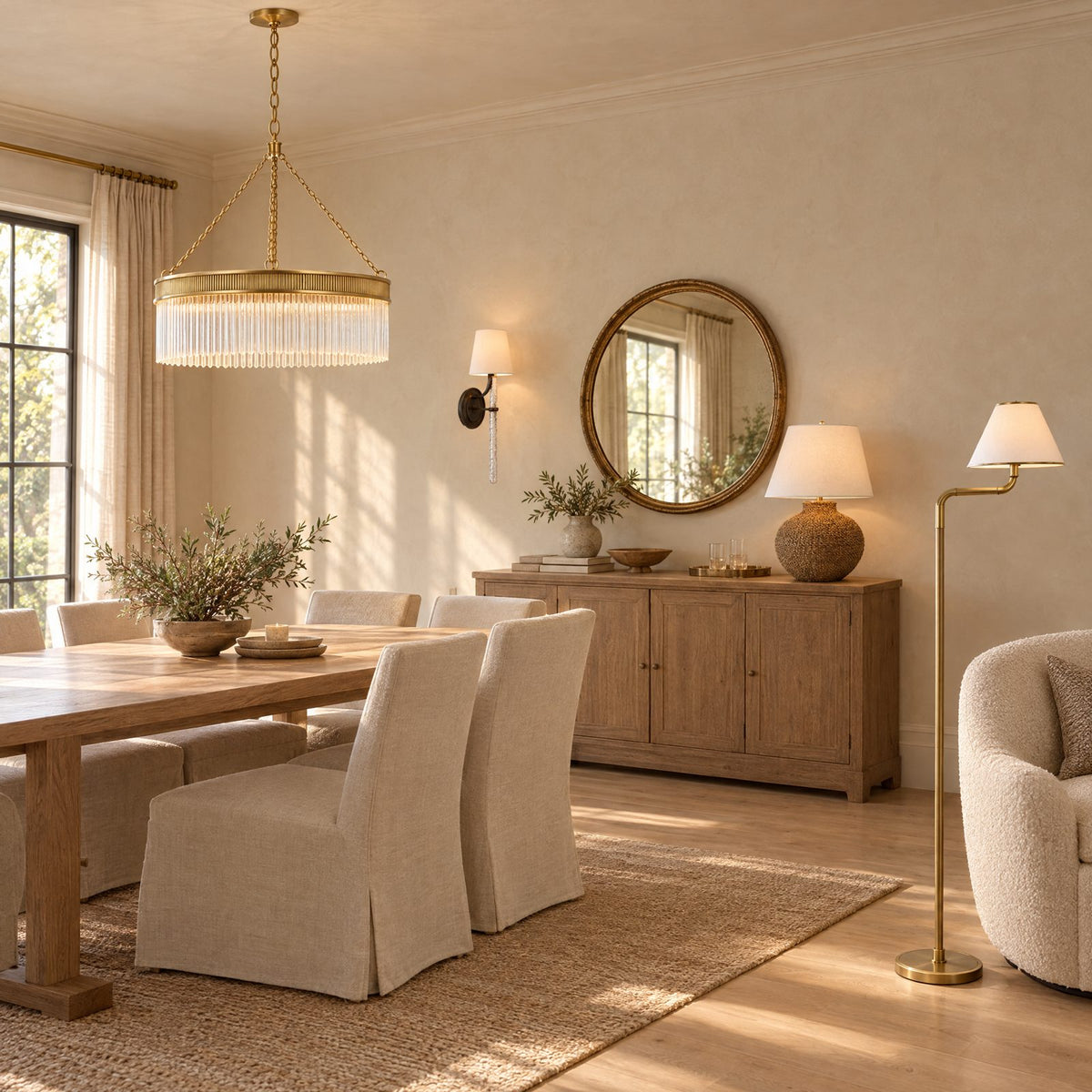 Shop the look: Modern organic dining room with a Marie Flanigan Menil soft brass crystal-rod chandelier over an oak table, Abigail bronze sconces flanking a mirror, an Avedon rattan table lamp and a Rigby brass and oak floor lamp