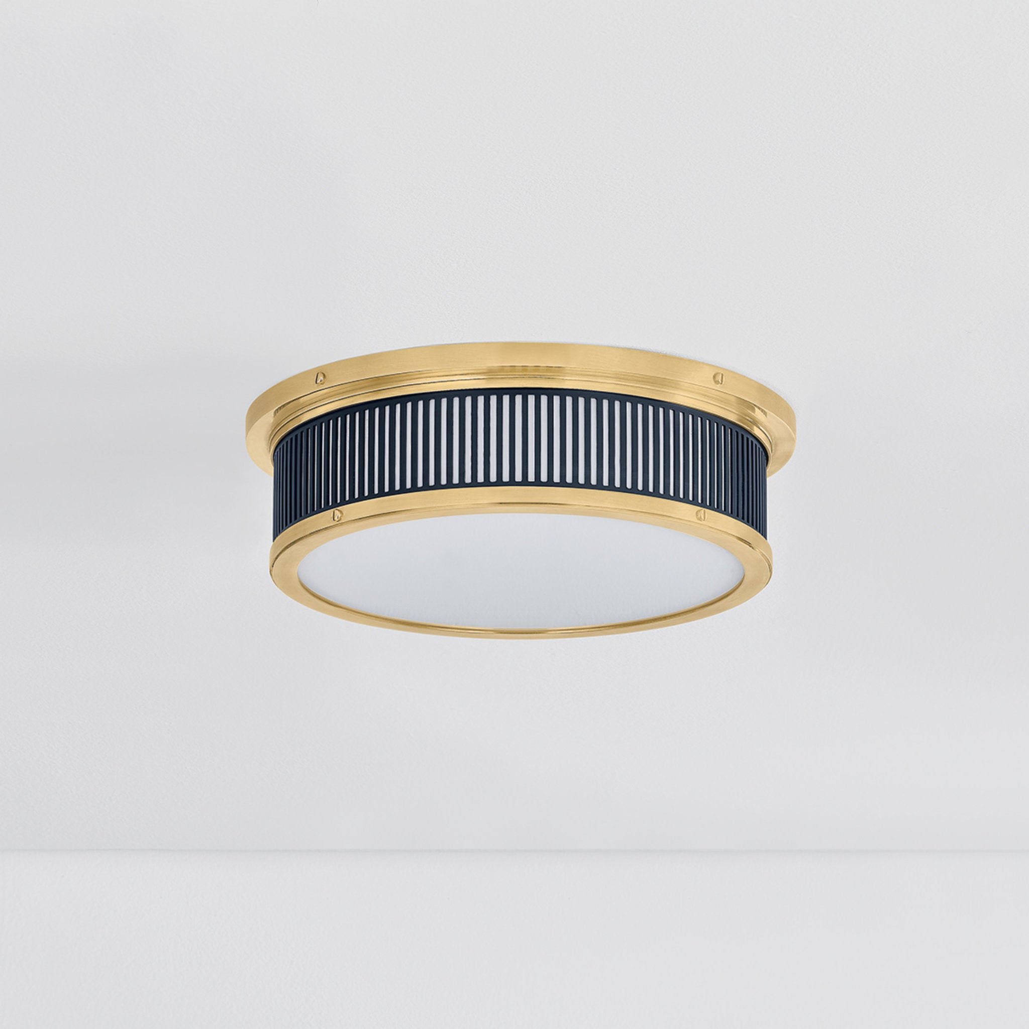 Ashdown 1-Light Flush Mount in Aged Brass by Mark D. Sikes 14W x 4H (Darkest Blue)