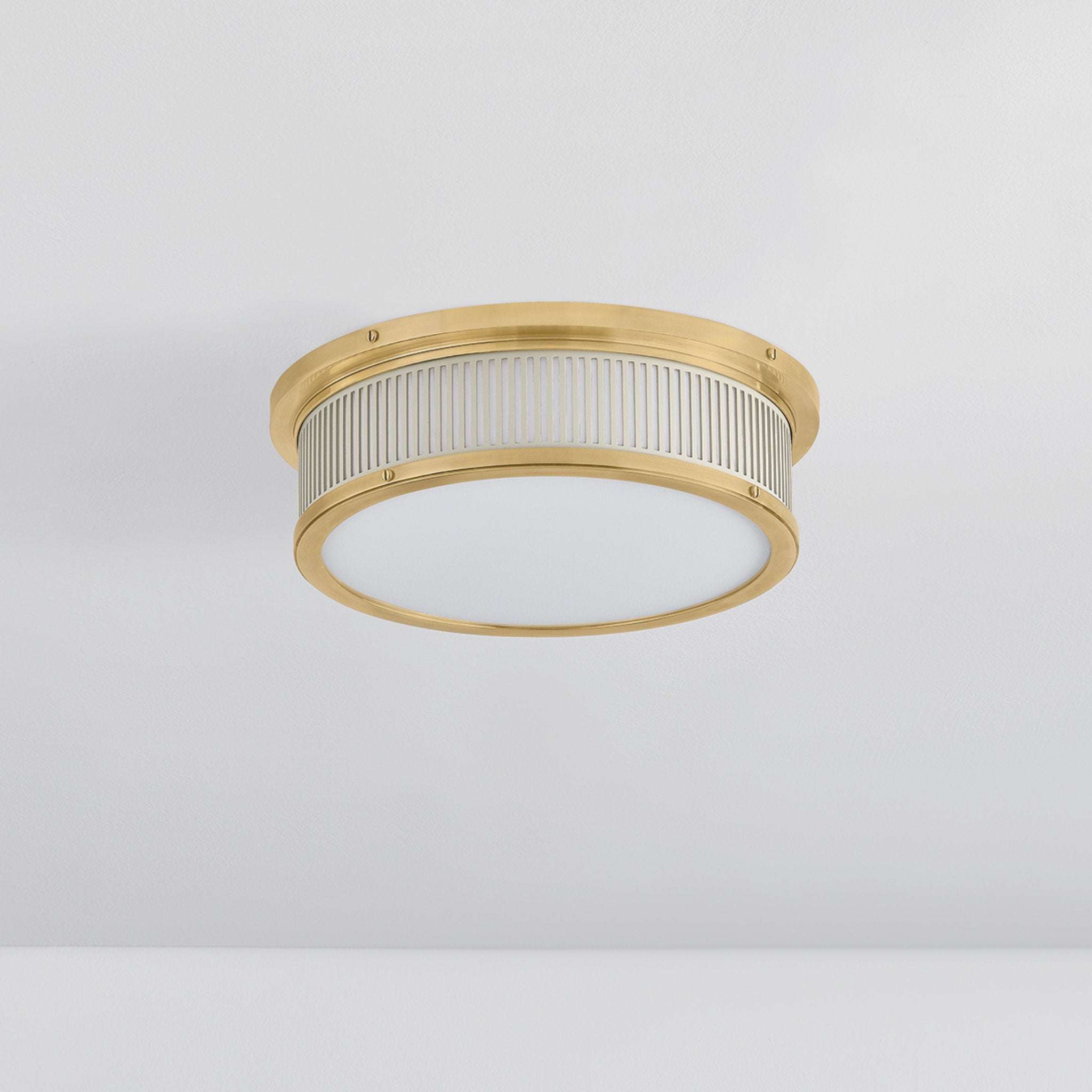 Ashdown 1-Light Flush Mount in Aged Brass by Mark D. Sikes 14W x 4H (Off-White)
