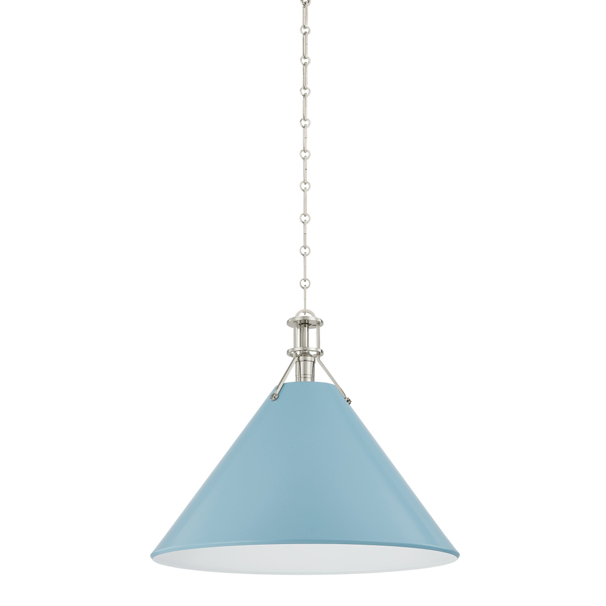Painted No. 2 1-Light Pendant in Polished Nickel by Mark D. Sikes 21W x 17.5H (Blue Bird)