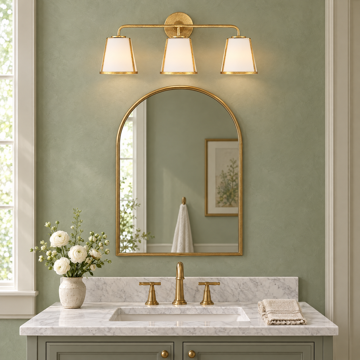 Crystorama Fulton 3-light vanity in antique gold above an arched mirror in a sage-green bathroom
