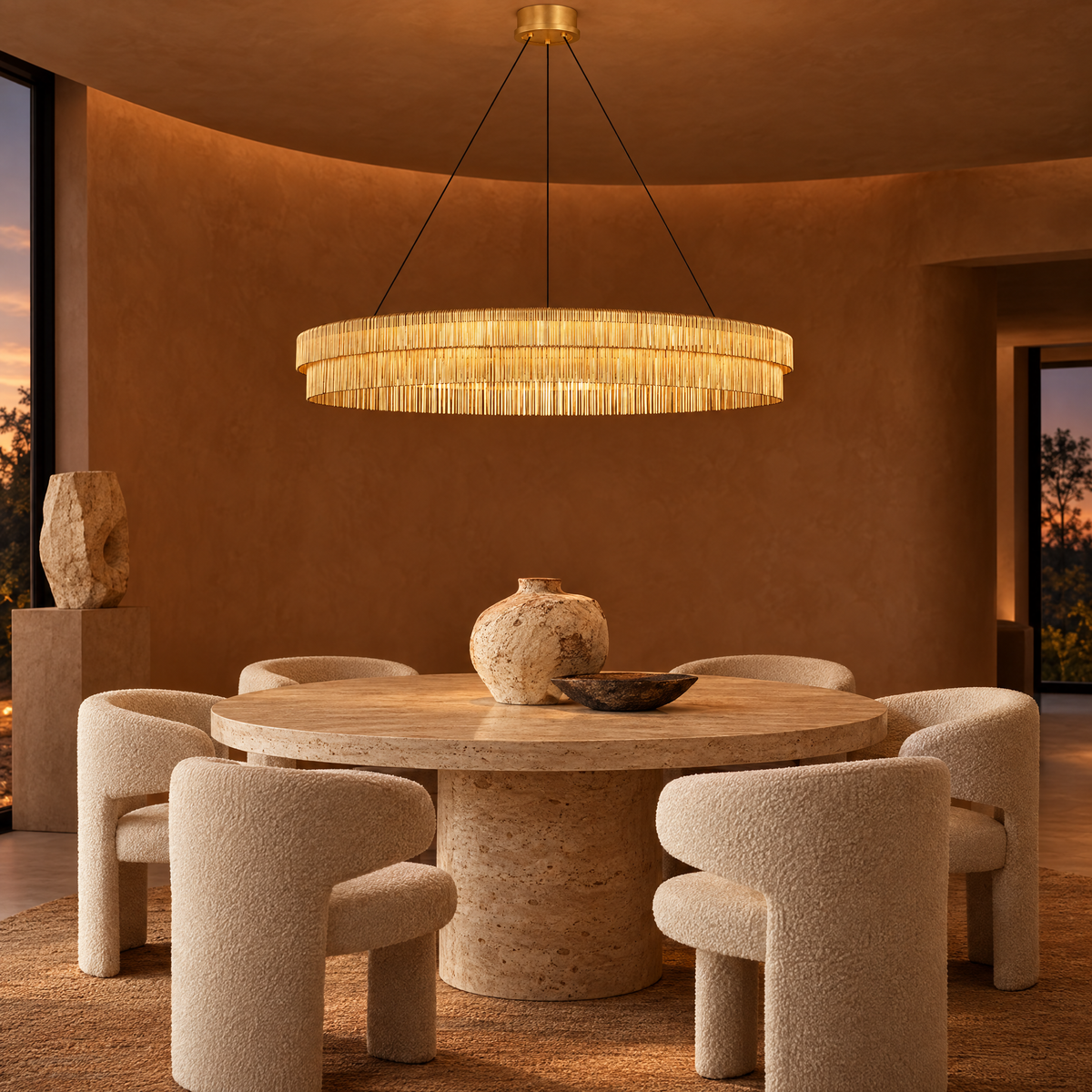 Kelly Wearstler Differo layered ring chandelier in gild over a round travertine dining table
