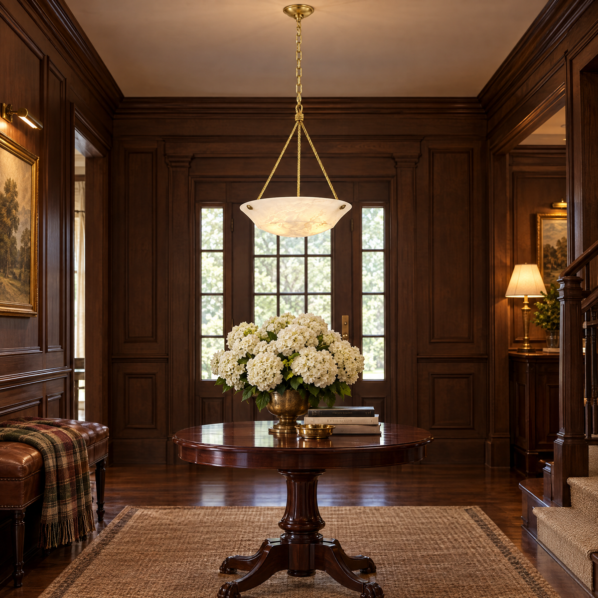 Ralph Lauren Claremont alabaster bowl chandelier in natural brass in a wood-paneled entry hall