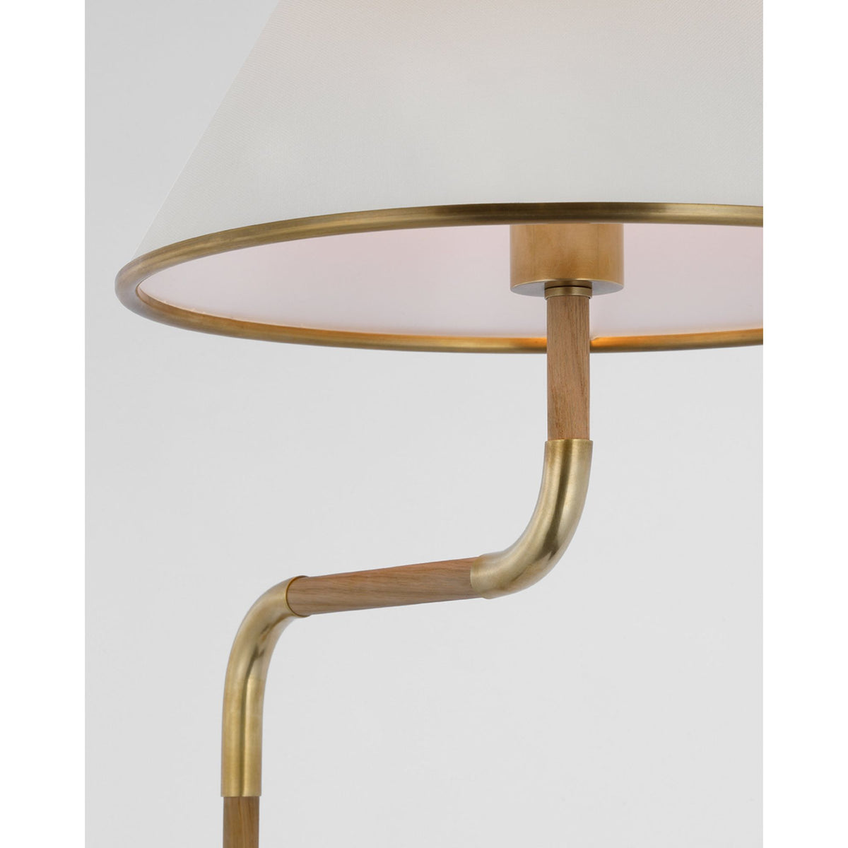Marie Flanigan Rigby Medium Bridge Arm Floor Lamp in Soft Brass and Natural Oak with Linen Shade W14" x H54.25" x E21.5"