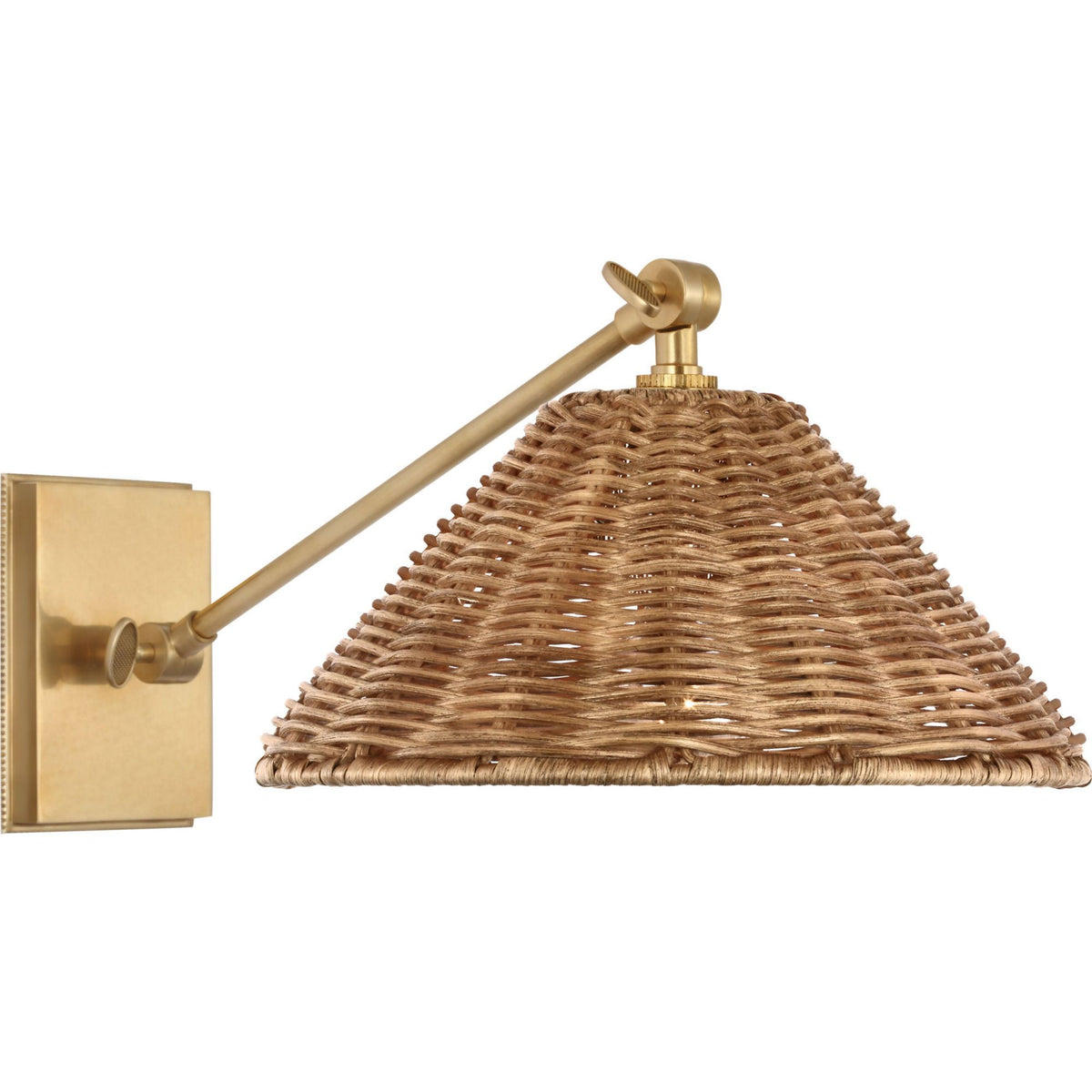Marie Flanigan Wimberley Single Library Wall Light in Soft Brass with Natural Wicker Shade W10" x H8.25" - 8.5" x E15.5" - 16.75"
