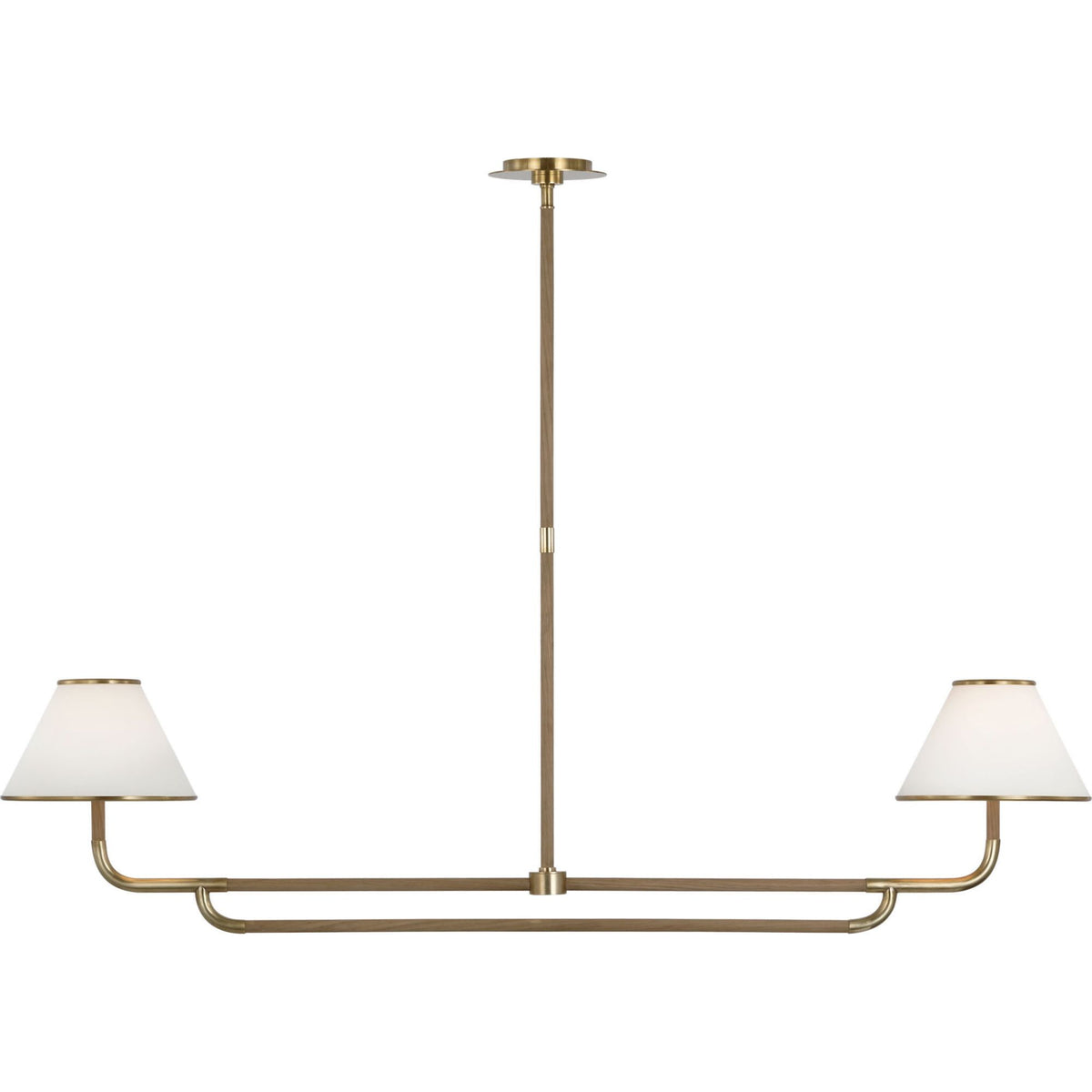 Marie Flanigan Rigby Large Linear Chandelier in Soft Brass and Natural Oak with Linen Shade W9.75" x 54.25"