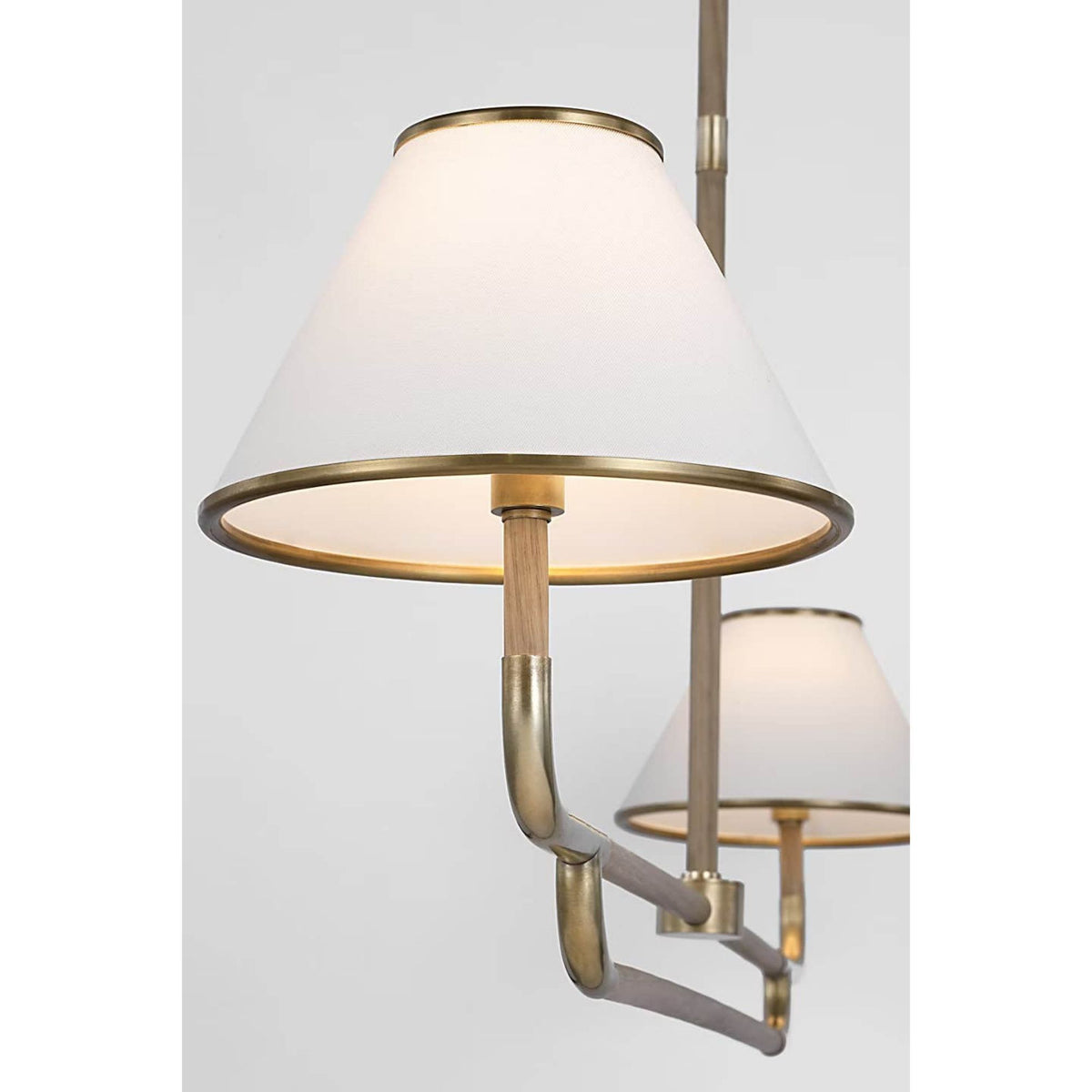 Marie Flanigan Rigby Large Linear Chandelier in Soft Brass and Natural Oak with Linen Shade W9.75" x 54.25"
