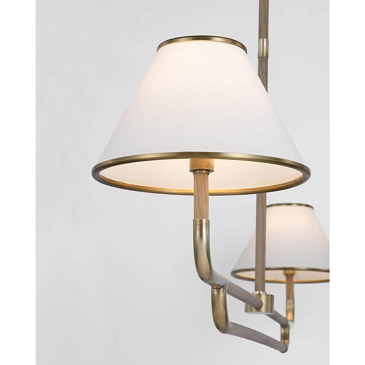 Marie Flanigan Rigby Large Linear Chandelier in Soft Brass and Natural Oak with Linen Shade W9.75" x 54.25"