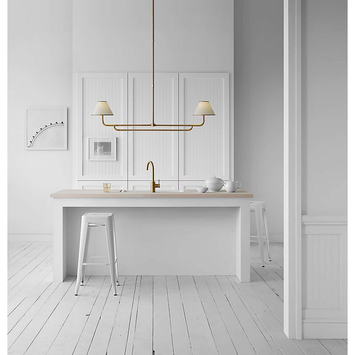 Marie Flanigan Rigby Large Linear Chandelier in Soft Brass and Natural Oak with Linen Shade W9.75" x 54.25"