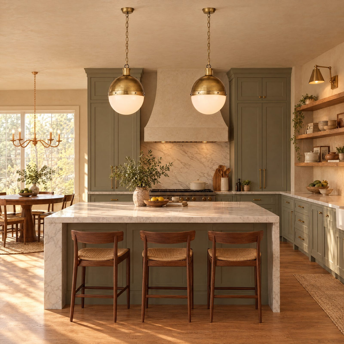 Shop the look: Modern kitchen with two Thomas O'Brien Hicks brass and white glass pendants over a marble island, a brass swivel-head wall lamp over open shelving and a Currey Saxon rattan chandelier over the breakfast table