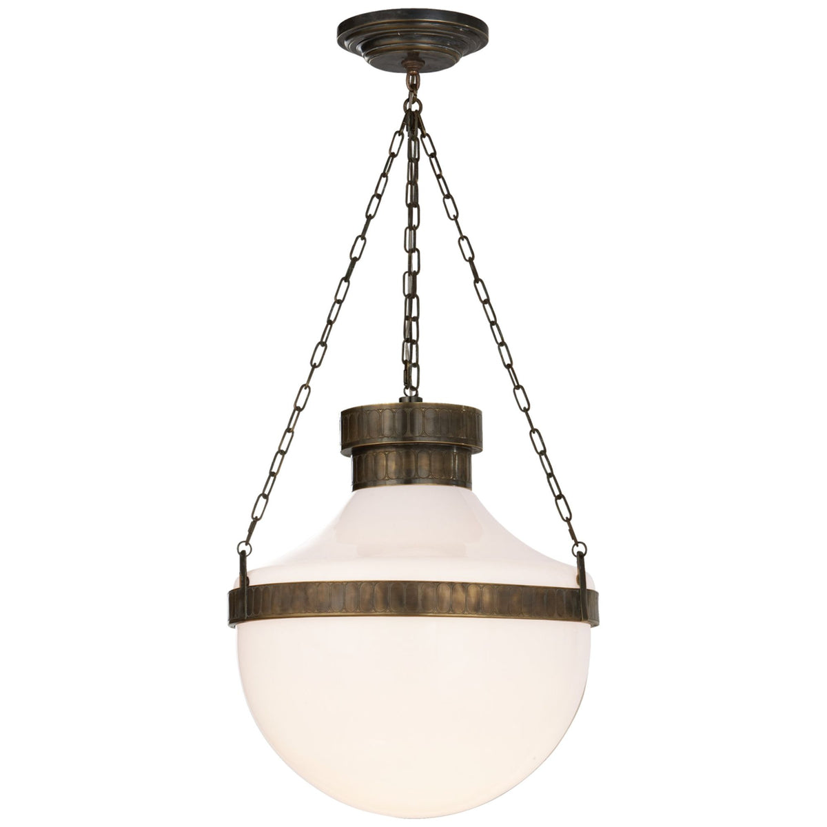 Michael S Smith Modern Schoolhouse Lantern in Antique Brass Verdigris with White Glass W18"