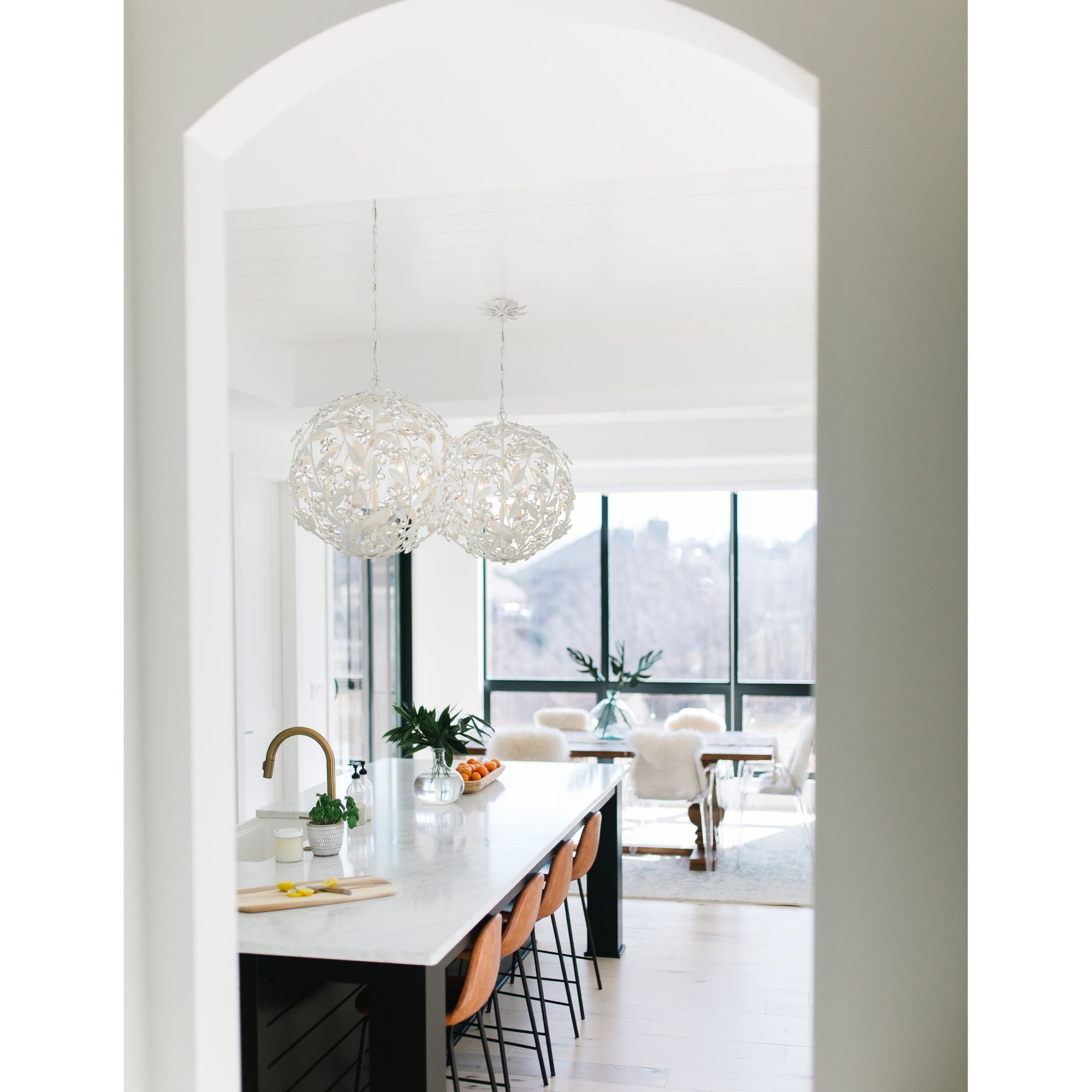 Marselle 6 Light Matte White Pendant Hand Cut Crystal 22"W x 23"H x 22"D