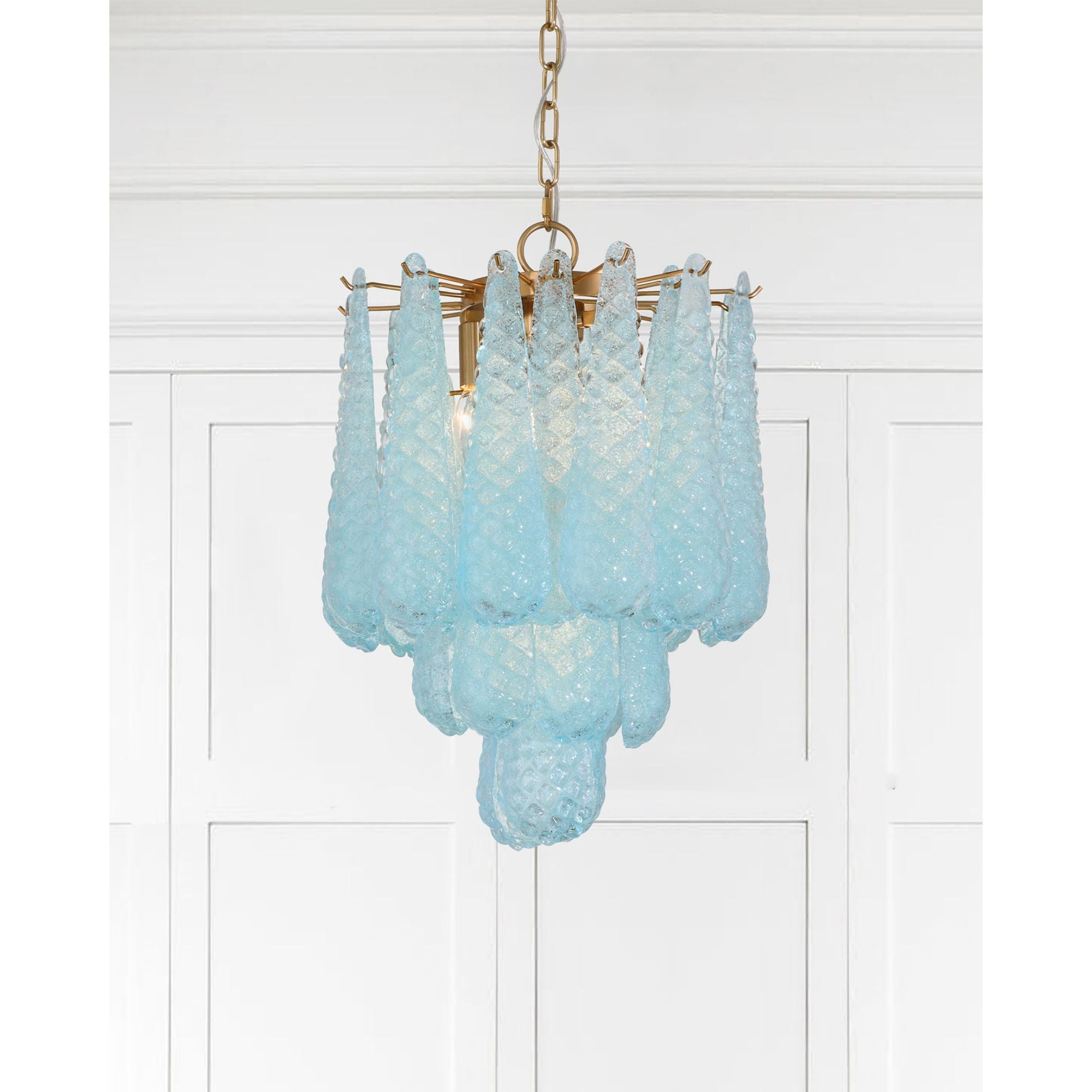 Ollie 4 Light Aged Brass Pendant Sand Glass Blue 14.25"W x 19.25"H x 14.25"D