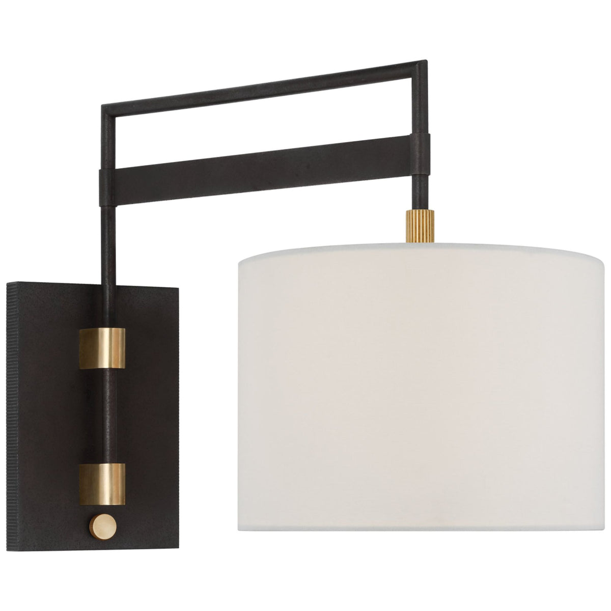 Ray Booth Gael Medium Articulating Wall Light in Warm Iron and Antique Brass with Linen Shade W11" x H15" x E20.5"