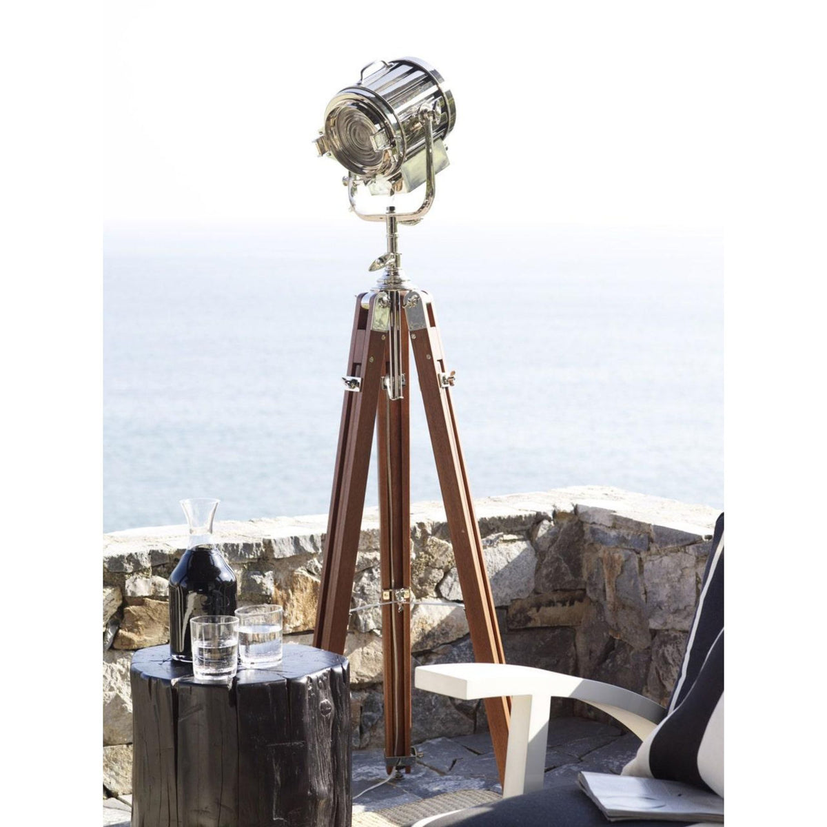 Ralph Lauren Montauk Search Light Floor Lamp in Mahogany and Polished Nickel W24" x H65" - 77.5"