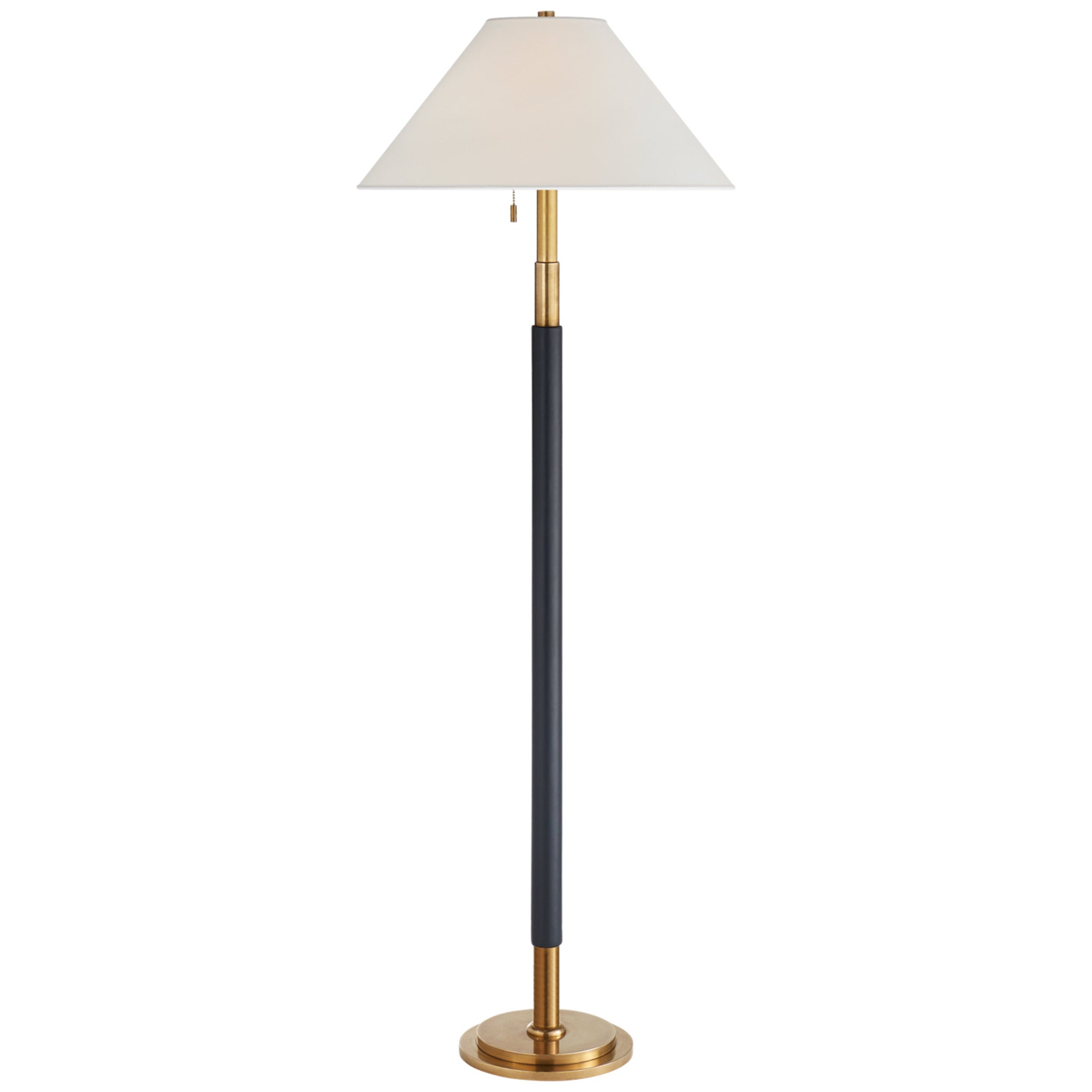 Ralph Lauren Garner Floor Lamp in Natural Brass and Navy Leather with Percale Shade W22" x H54" - 70"