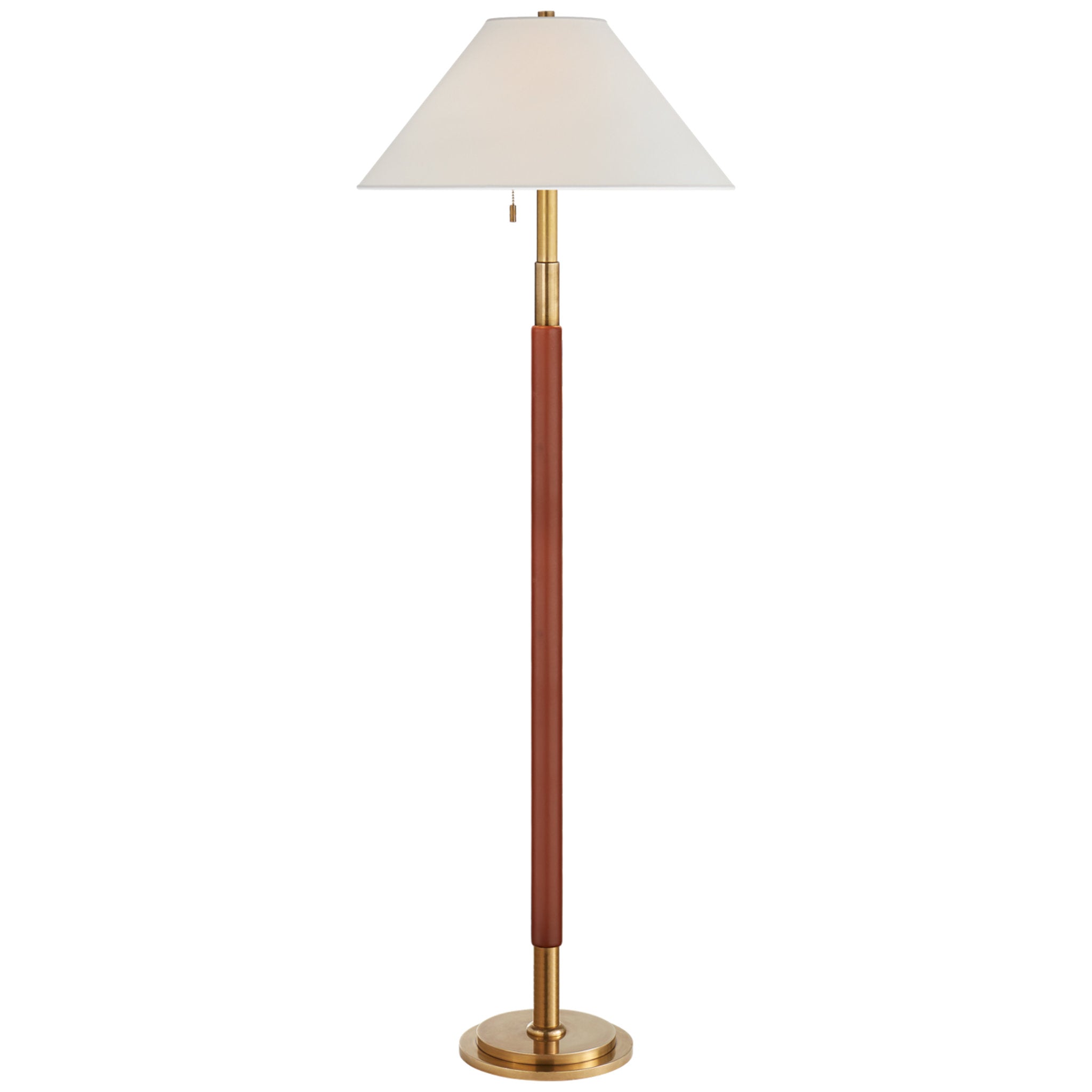 Ralph Lauren Garner Floor Lamp in Natural Brass and Saddle Leather with Percale Shade W22" x H54" - 70"