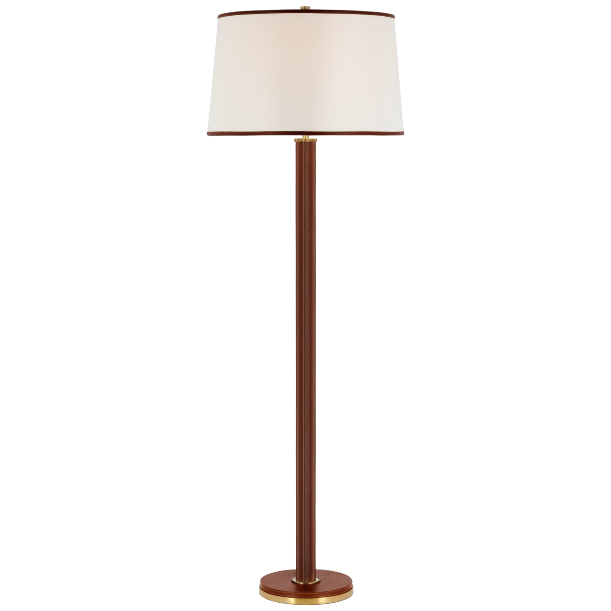 Ralph Lauren Riley Large Floor Lamp in Natural Brass and Saddle Leather with Leather Trimmed Linen Shade W22" x H66"