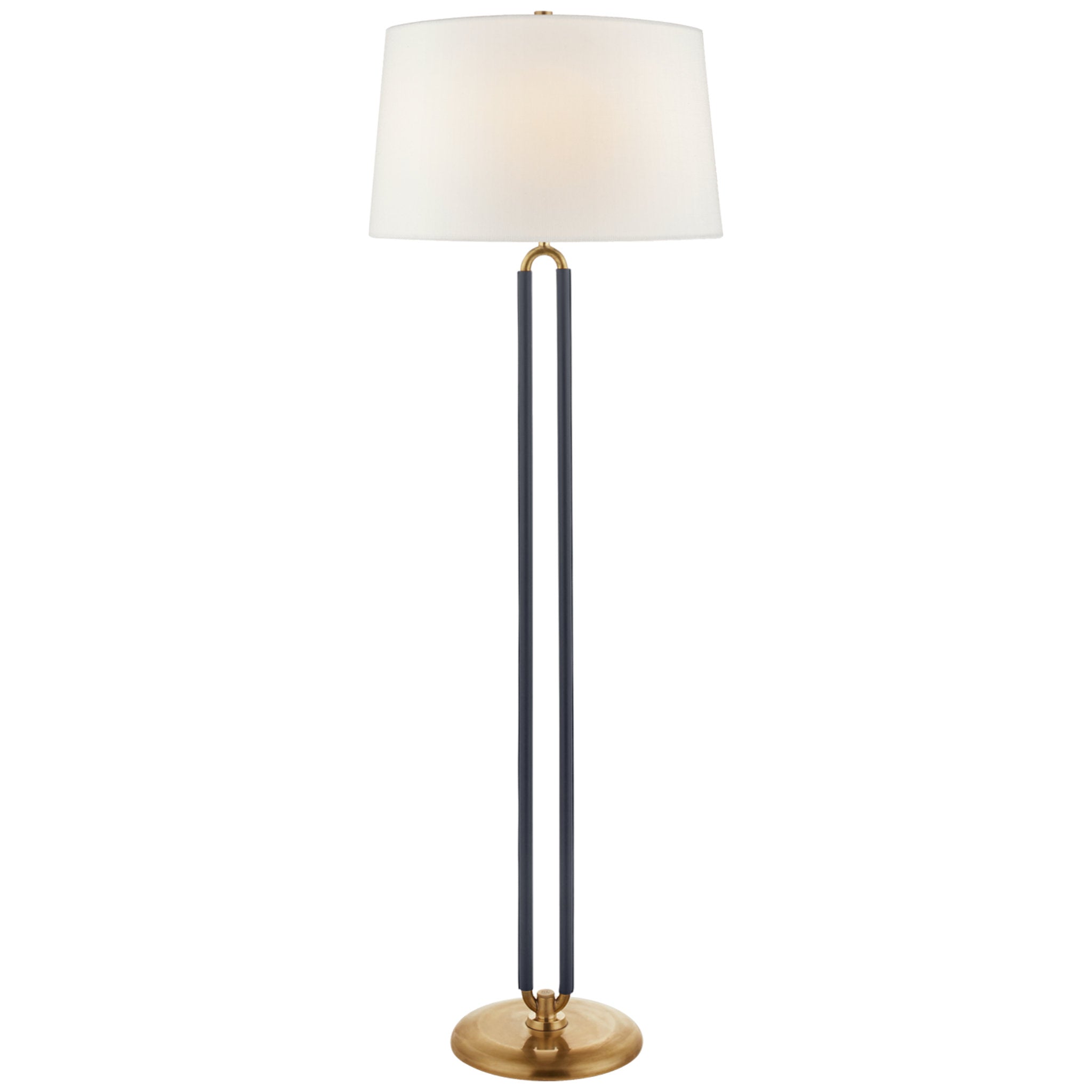 Ralph Lauren Cody Large Floor Lamp in Natural Brass and Navy Leather with Linen Shade W22" x H64"