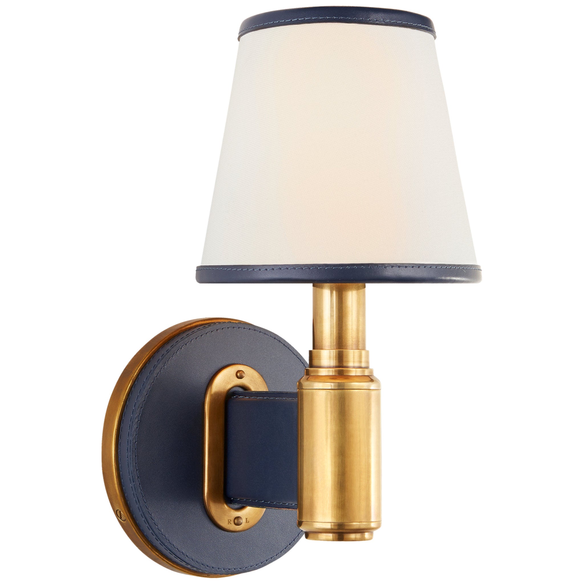 Ralph Lauren Riley Single Sconce in Natural Brass and Navy Leather with Leather Trimmed Linen Shades Wall Light W6" x H12.25"