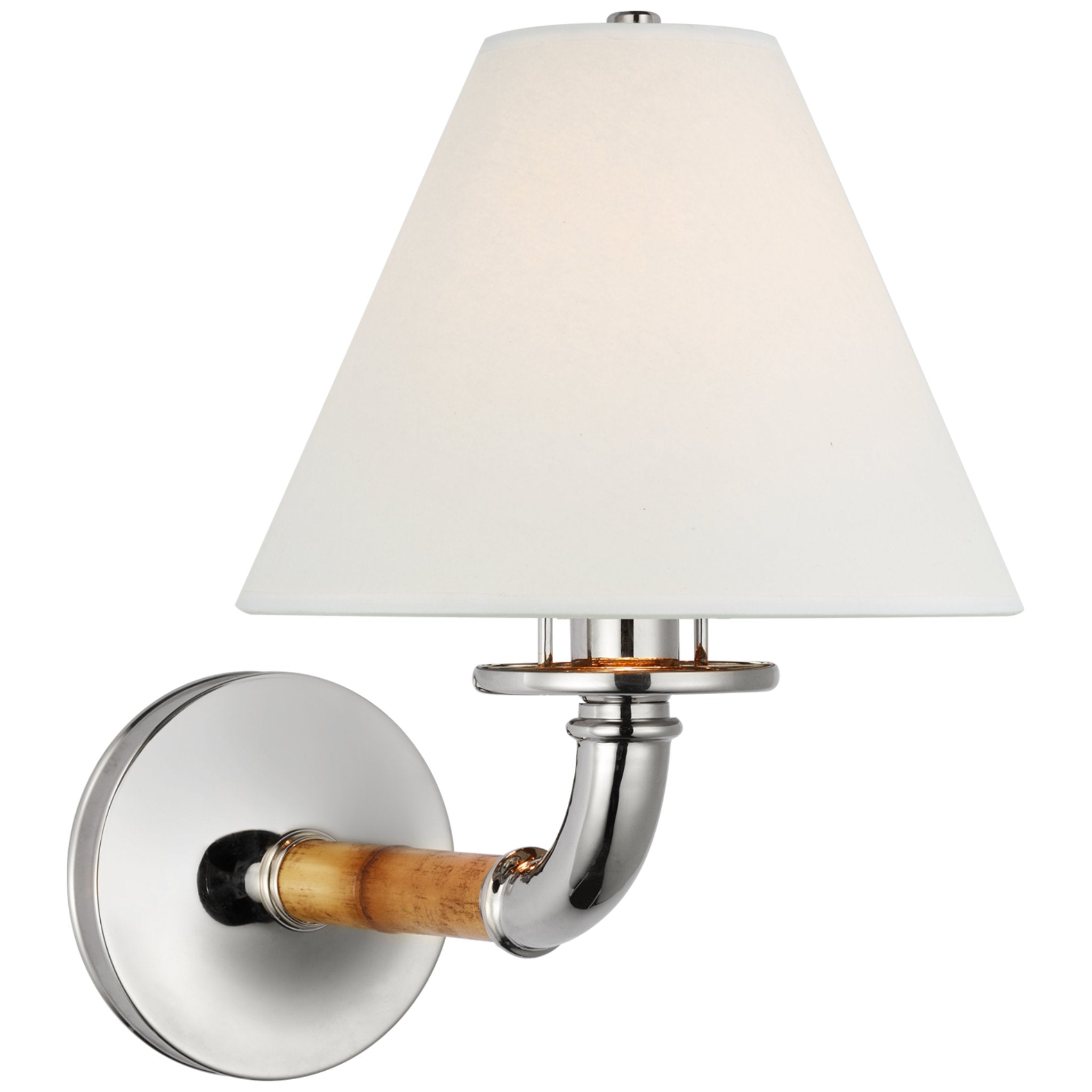 Ralph Lauren Dalfern Medium Single Sconce in Waxed Bamboo and Polished Nickel with White Parchment Shade Wall Light W8.25" x H12"