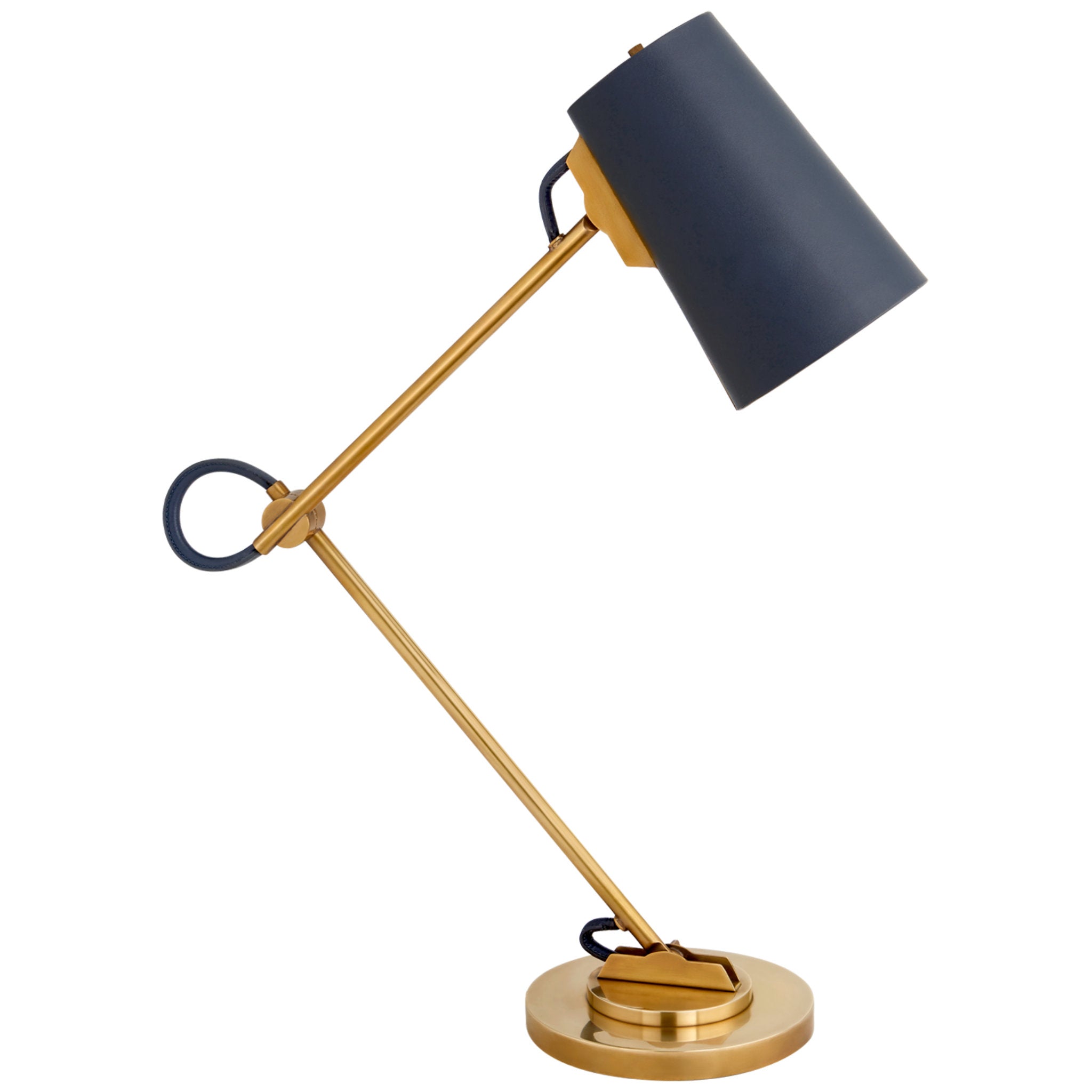 Ralph Lauren Benton Adjustable Desk Lamp in Natural Brass with Navy Leather Shade Table Lamp W7" x H19" - 29.25"