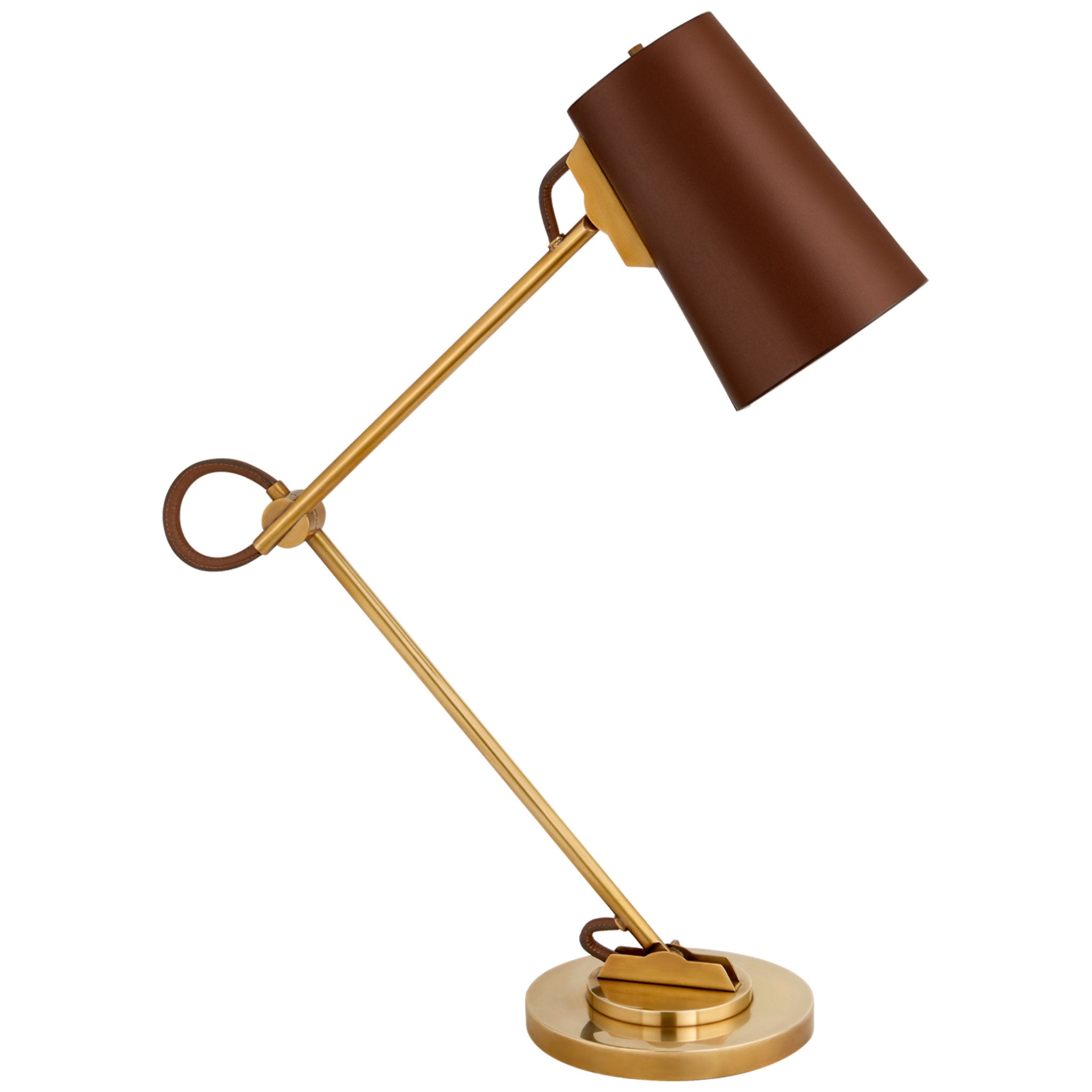 Ralph Lauren Benton Adjustable Desk Lamp in Natural Brass with Saddle Leather Shade Table Lamp W7" x H19" - 29.25"