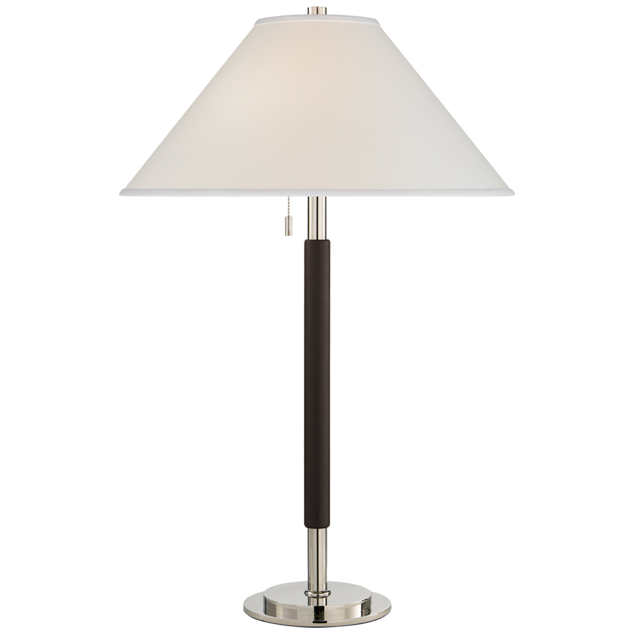 Ralph Lauren Garner Table Lamp in Polished Nickel and Chocolate Leather with Percale Shade W20" x H30"