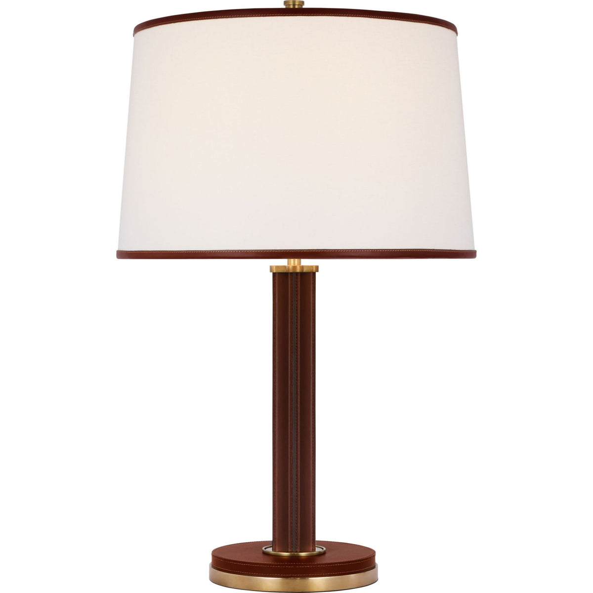 Ralph Lauren Riley Medium Table Lamp in Natural Brass and Saddle Leather with Leather Trimmed Linen Shade W19" x H28.75"