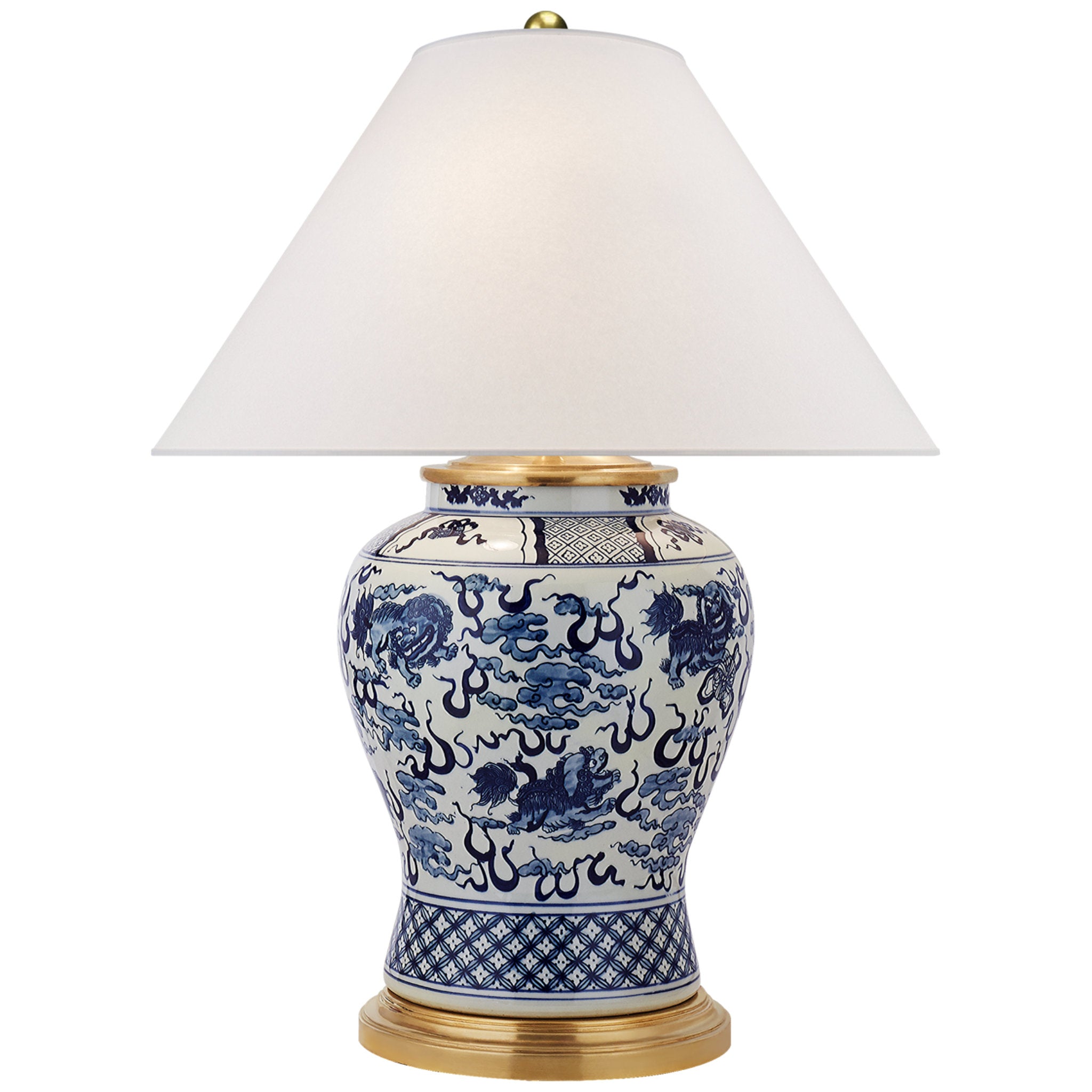 Ralph Lauren Foo Dog Medium Table Lamp in Blue and White Porcelain with Silk Shade W21" x H28"