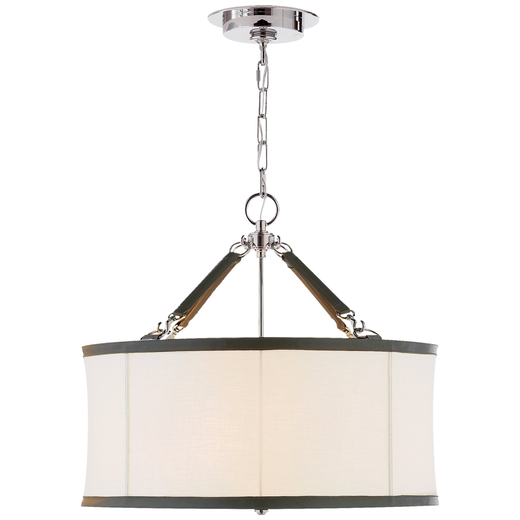 Ralph Lauren Broomfield Small Hanging Shade in Polished Nickel and Chocolate Leather with Linen Shade Ceiling Light W24" x H22.25"