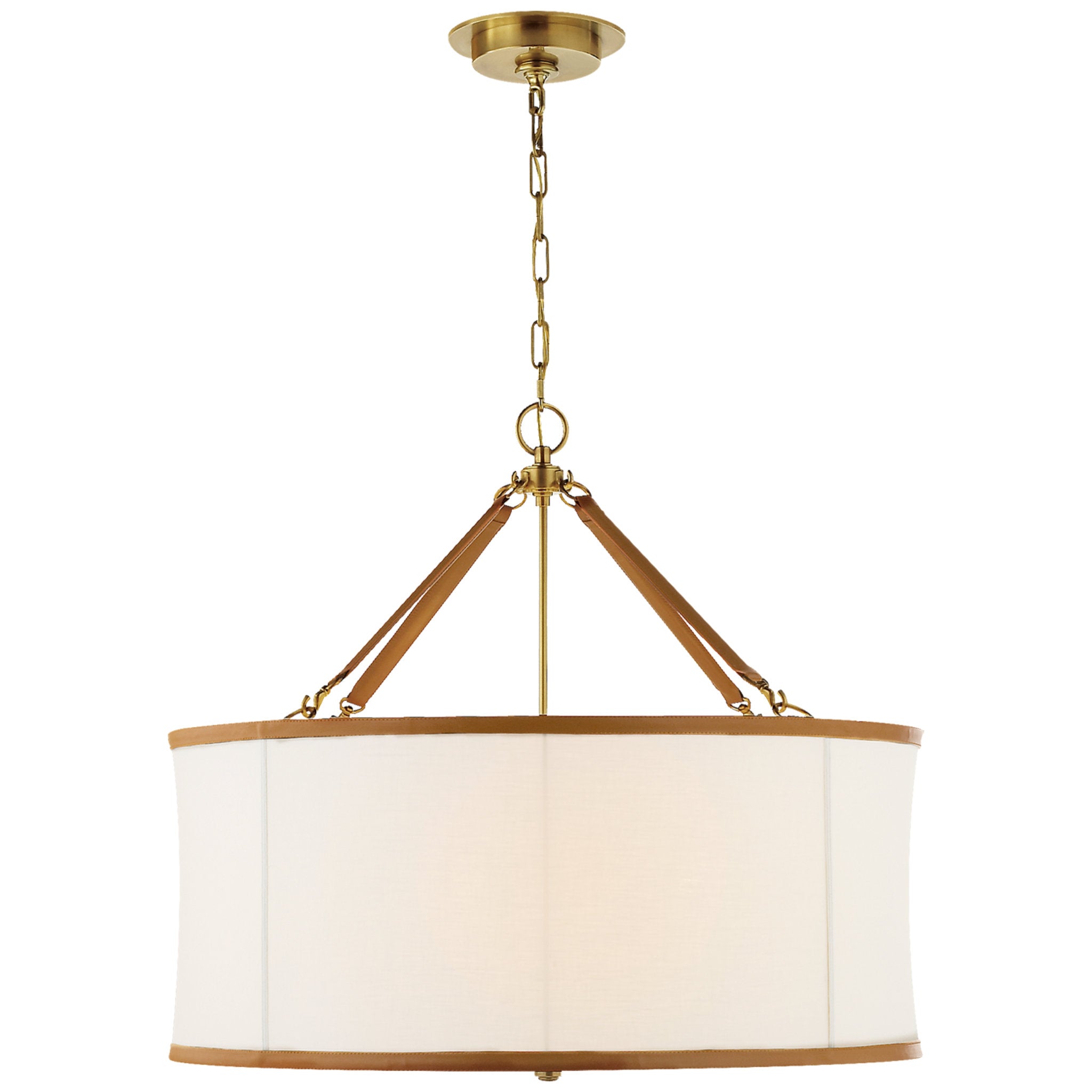 Ralph Lauren Broomfield Large Hanging Shade in Natural Brass and Saddle Leather with Linen Shade Ceiling Light W32" x H28.25"