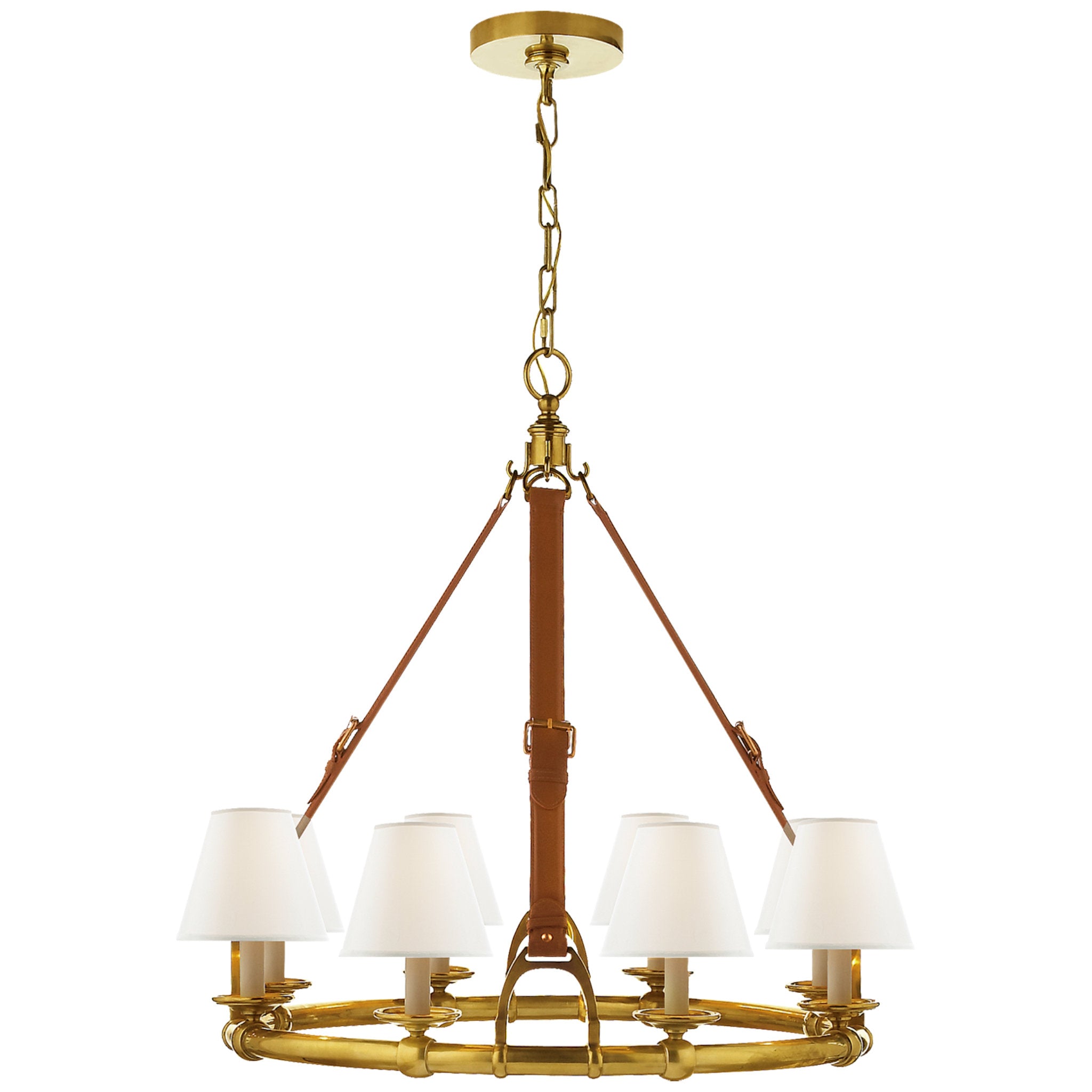 Ralph Lauren Westbury Chandelier in Natural Brass and Saddle Leather with Linen Shades Ceiling Light W30.25" x H31"
