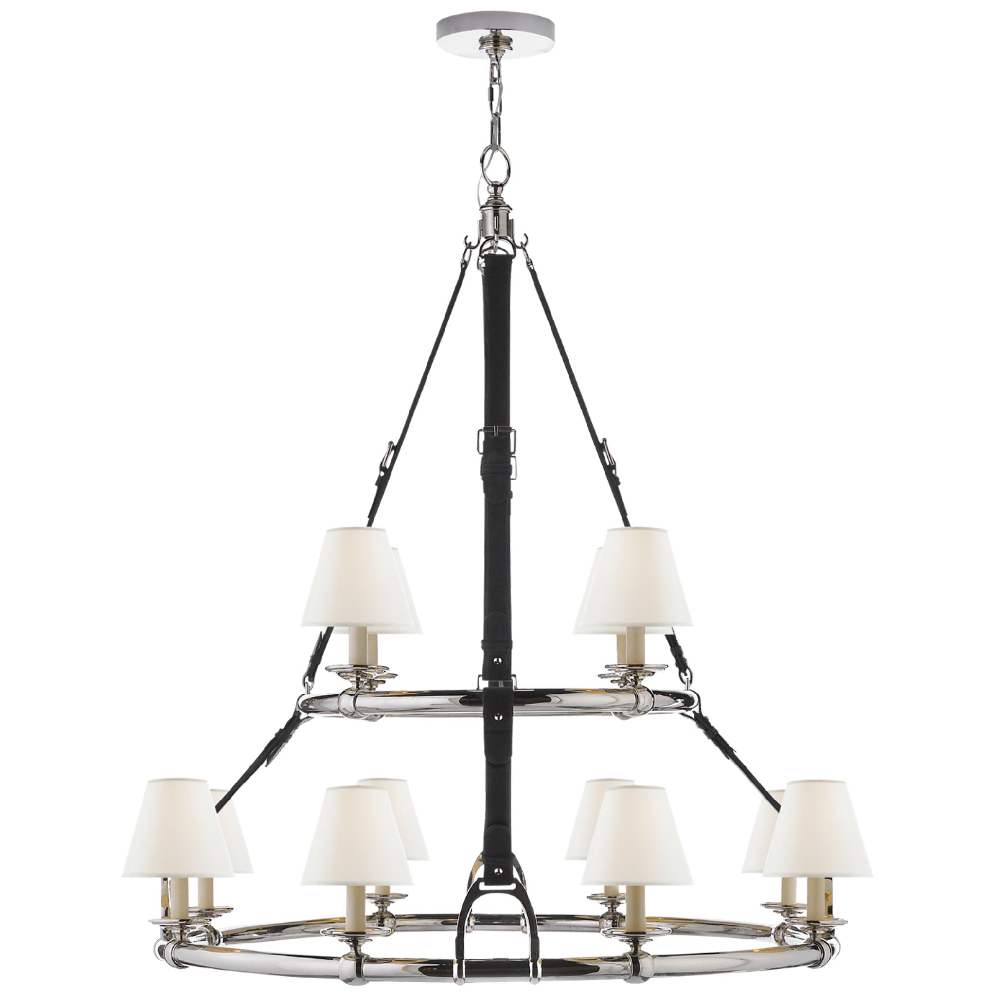 Ralph Lauren Westbury Double Tier Chandelier in Polished Nickel and Chocolate Leather with Linen Shades Ceiling Light W43" x H45"
