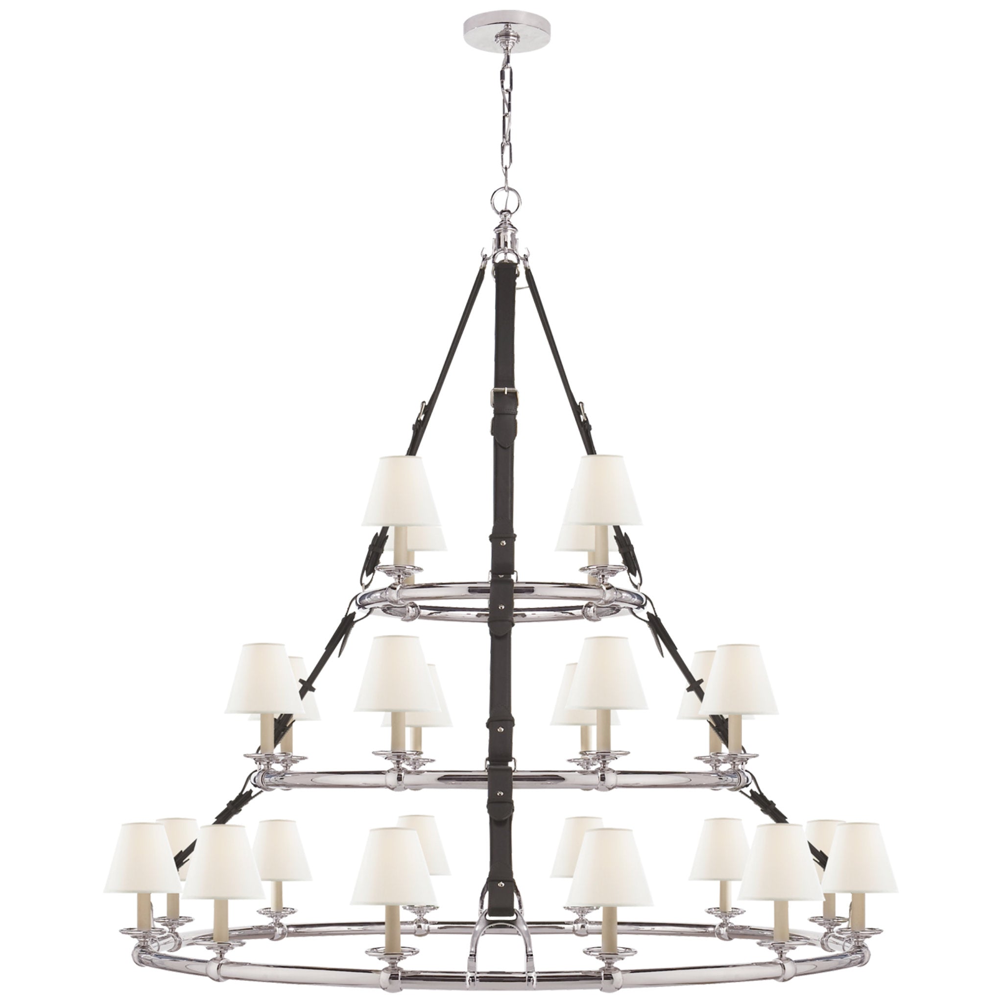 Ralph Lauren Westbury Triple Tier Chandelier in Polished Nickel and Chocolate Leather with Linen Shades Ceiling Light W57" x H57"