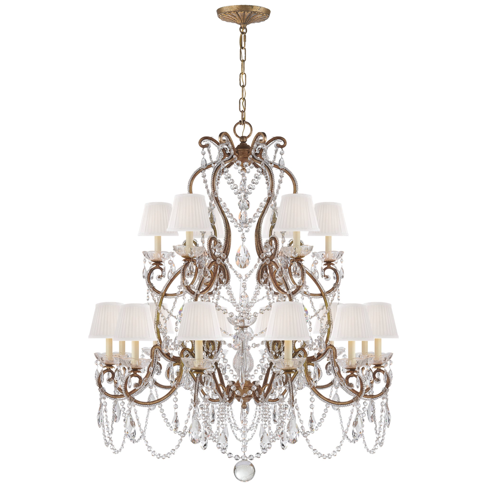 Ralph Lauren Adrianna Medium Chandelier in Gilded Iron and Crystal with Silk Shades Ceiling Light W37.75" x H44"