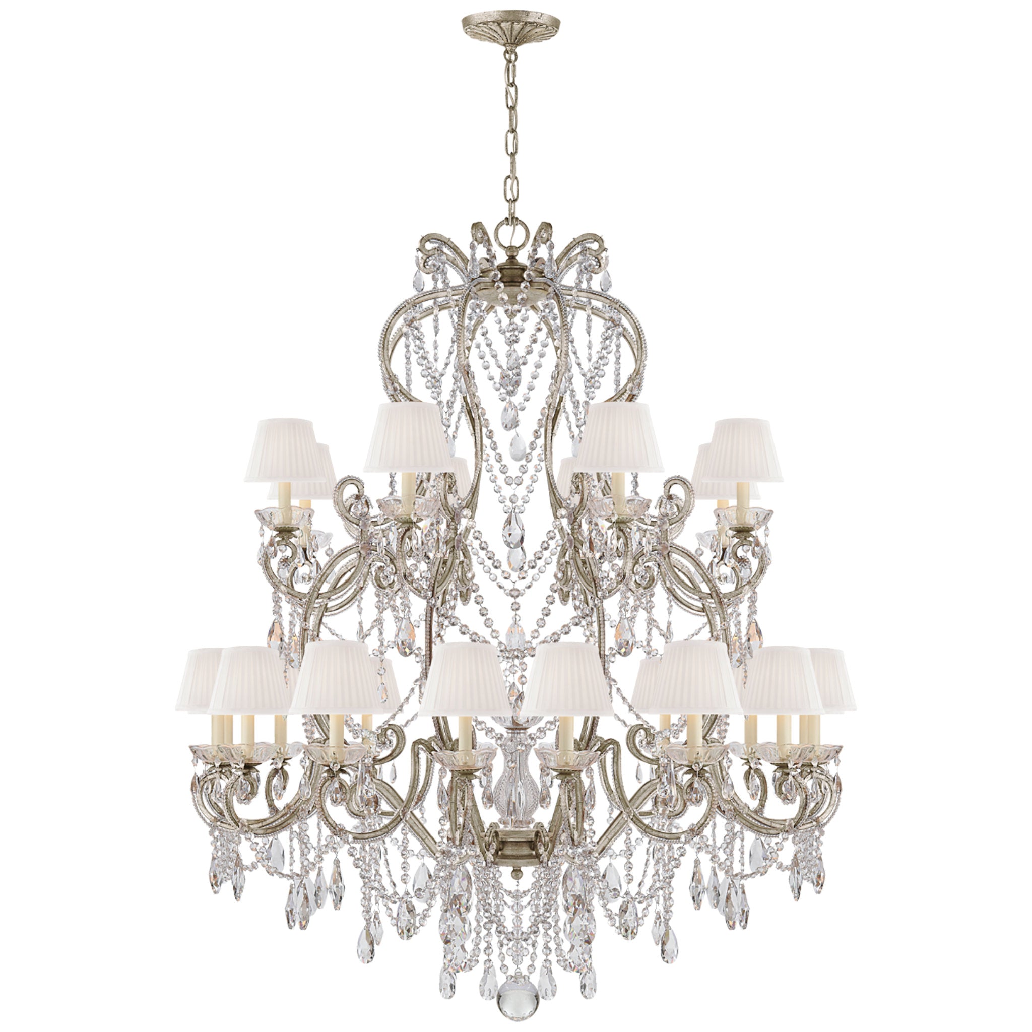 Ralph Lauren Adrianna Large Chandelier in Antique Silver Leaf and Crystal with Silk Shades Ceiling Light W44" x H54"