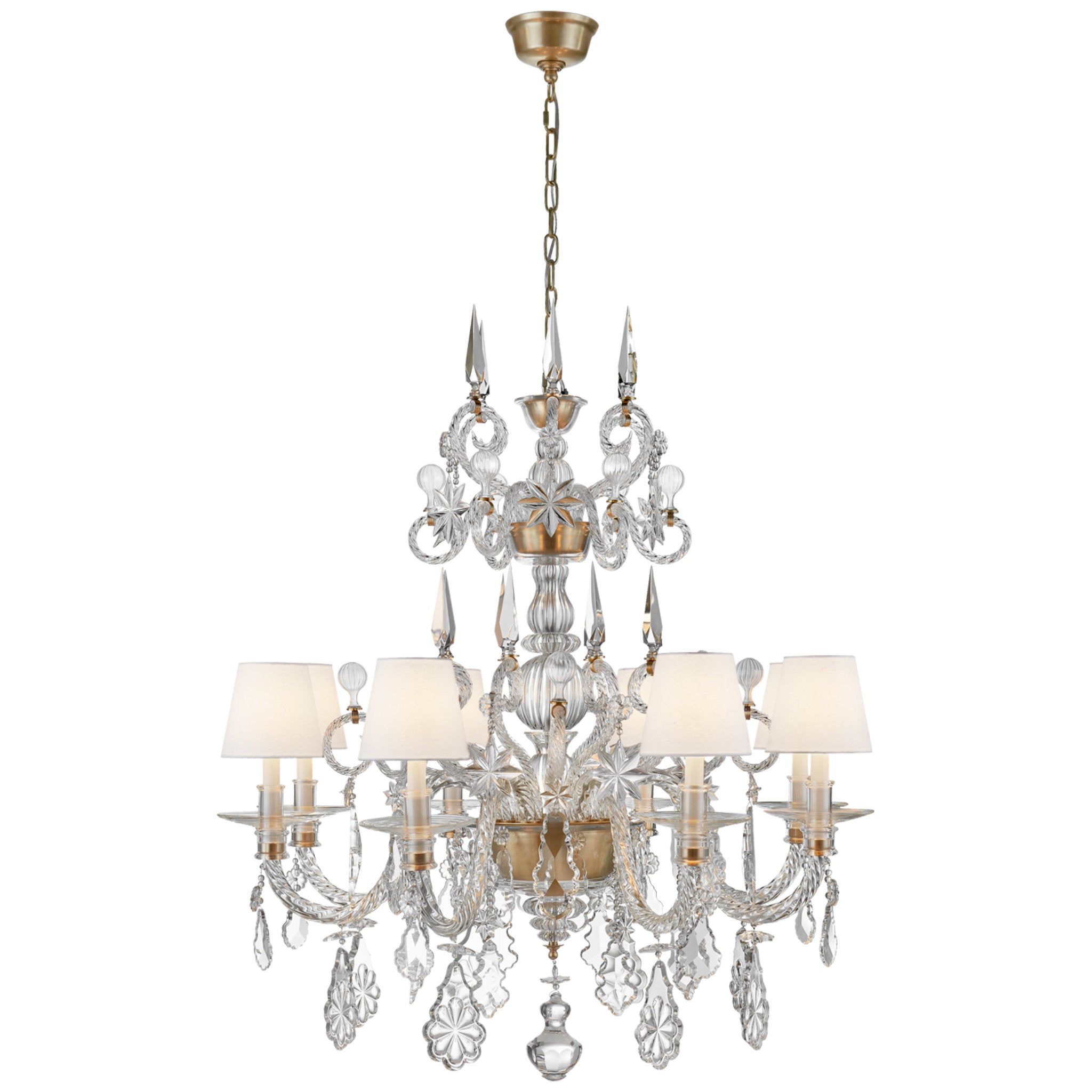 Ralph Lauren Alexandra Large Chandelier in Crystal Glass and Natural Brass with Linen Shades Ceiling Light W41.25" x H40"