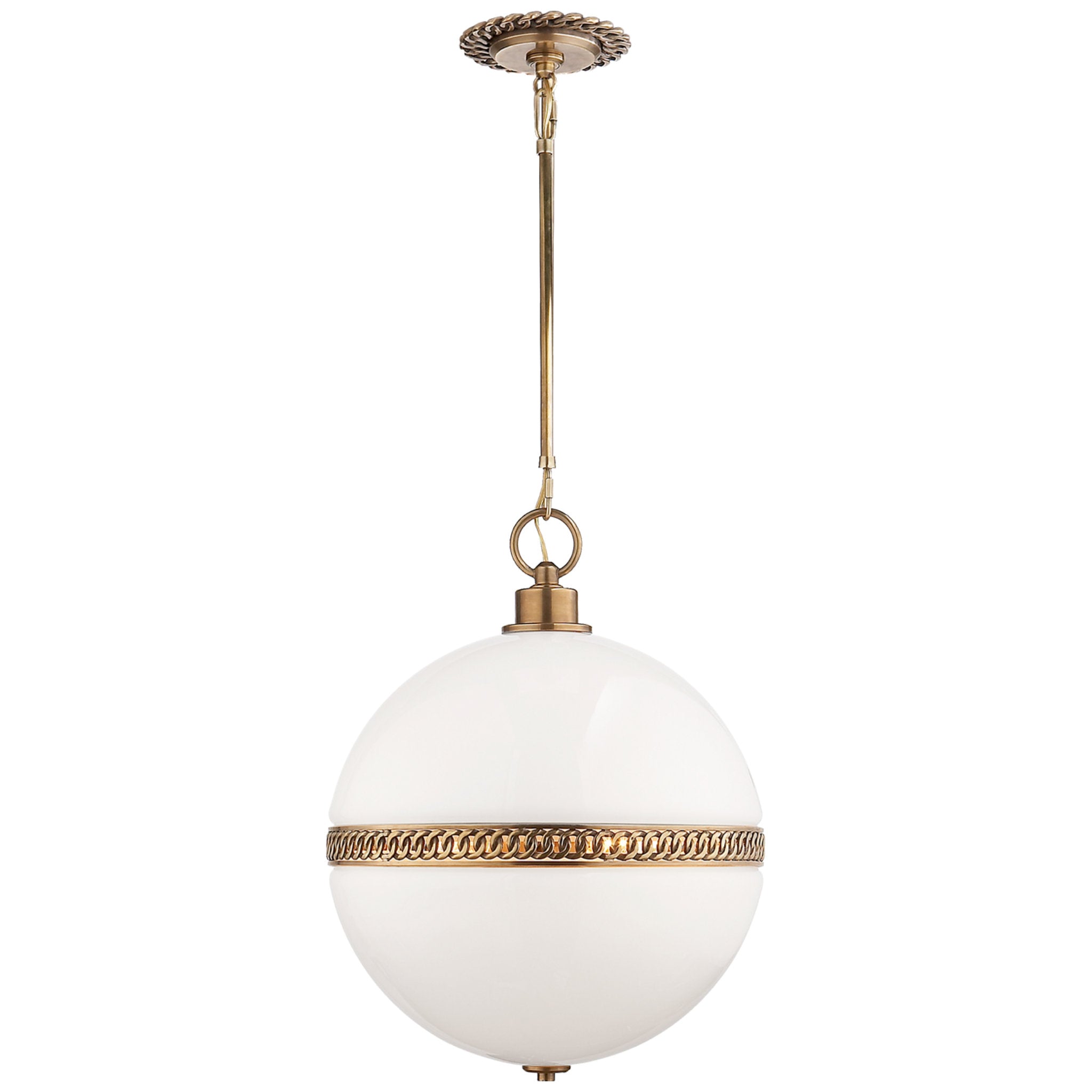 Ralph Lauren Hendricks Large Globe Pendant in Natural Brass with White Glass Ceiling Light W18"