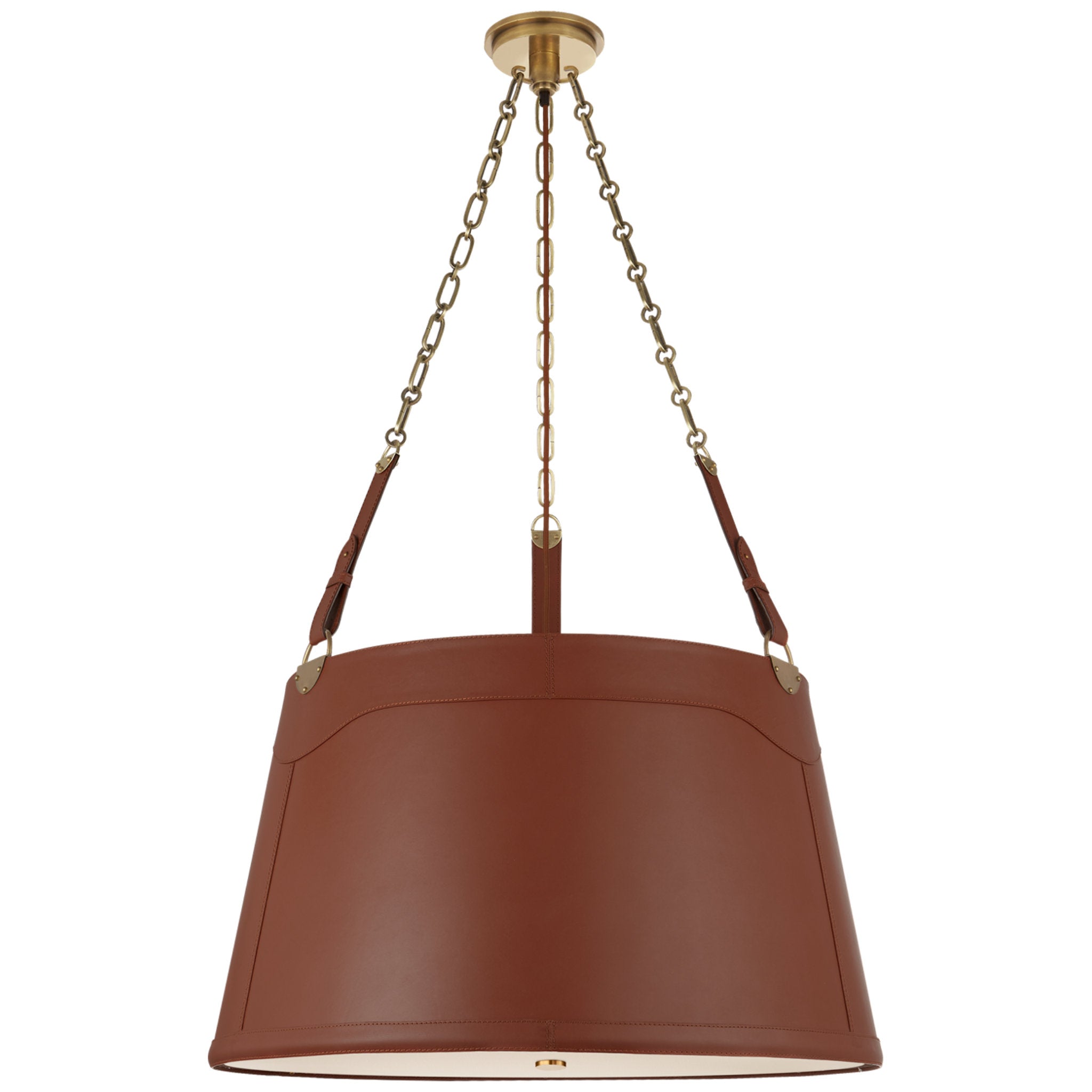 Ralph Lauren Karlie Large Hanging Shade in Natural Brass with Saddle Leather and Acrylic Diffuser Ceiling Light W30.25" x H51"