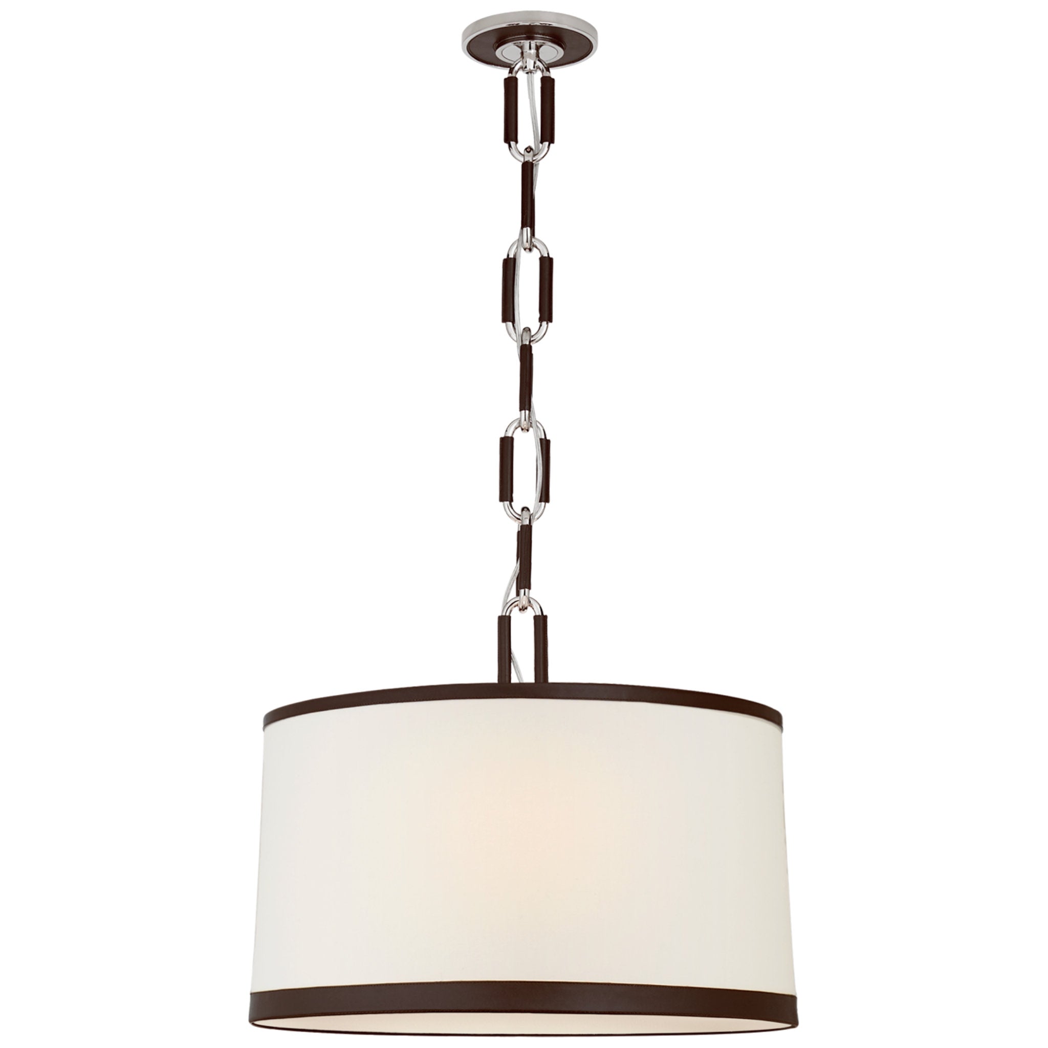 Ralph Lauren Cody Medium Hanging Shade in Polished Nickel with Linen Shade and Chocolate Leather Trim Ceiling Light W24"