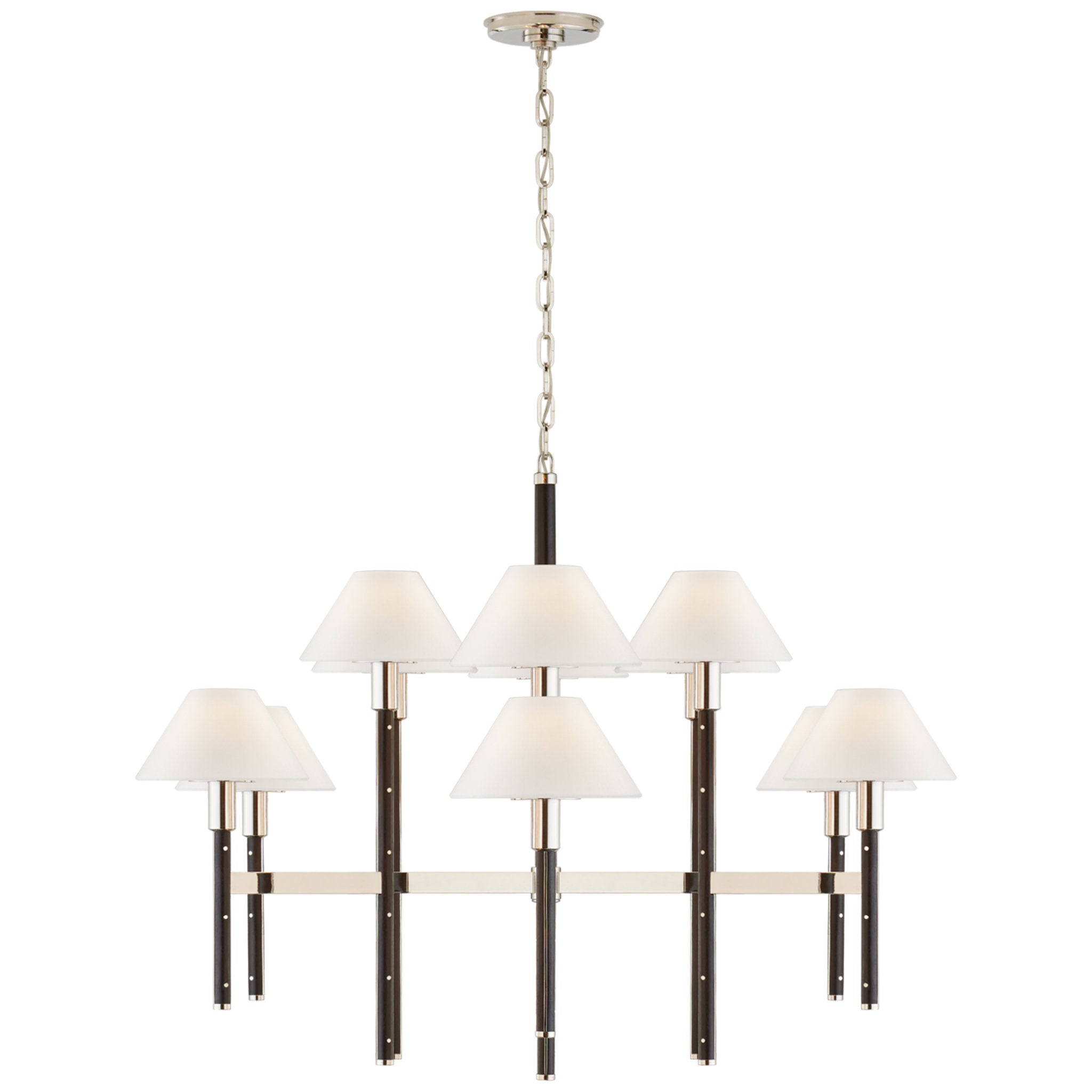 Ralph Lauren Radford Large Two Tier Chandelier in Polished Nickel and Black Ebony with Linen Shades Ceiling Light W41.25" x H28"