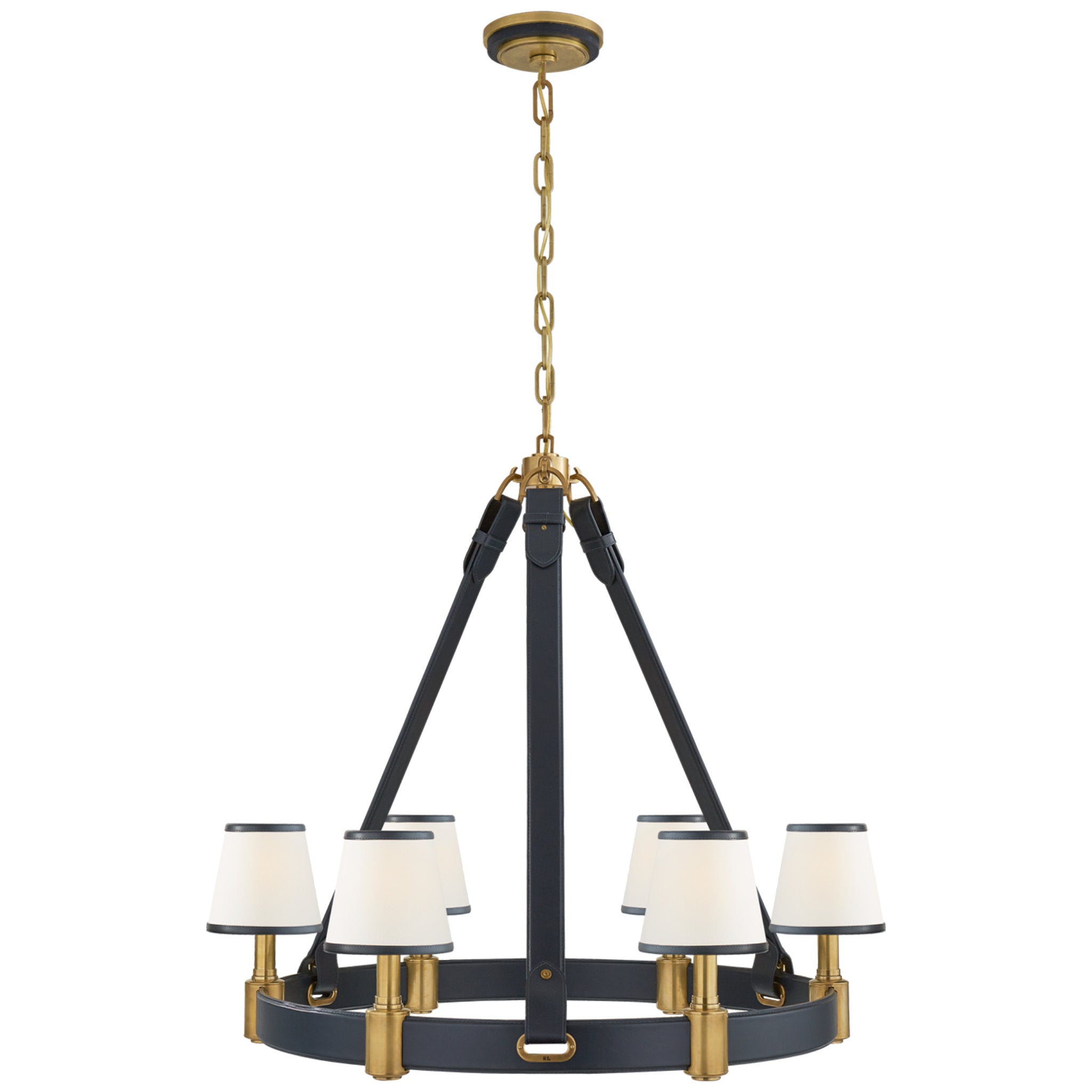 Ralph Lauren Riley Medium Ring Chandelier in Natural Brass and Navy Leather with Leather Trimmed Linen Shades Ceiling Light W36" x H32"