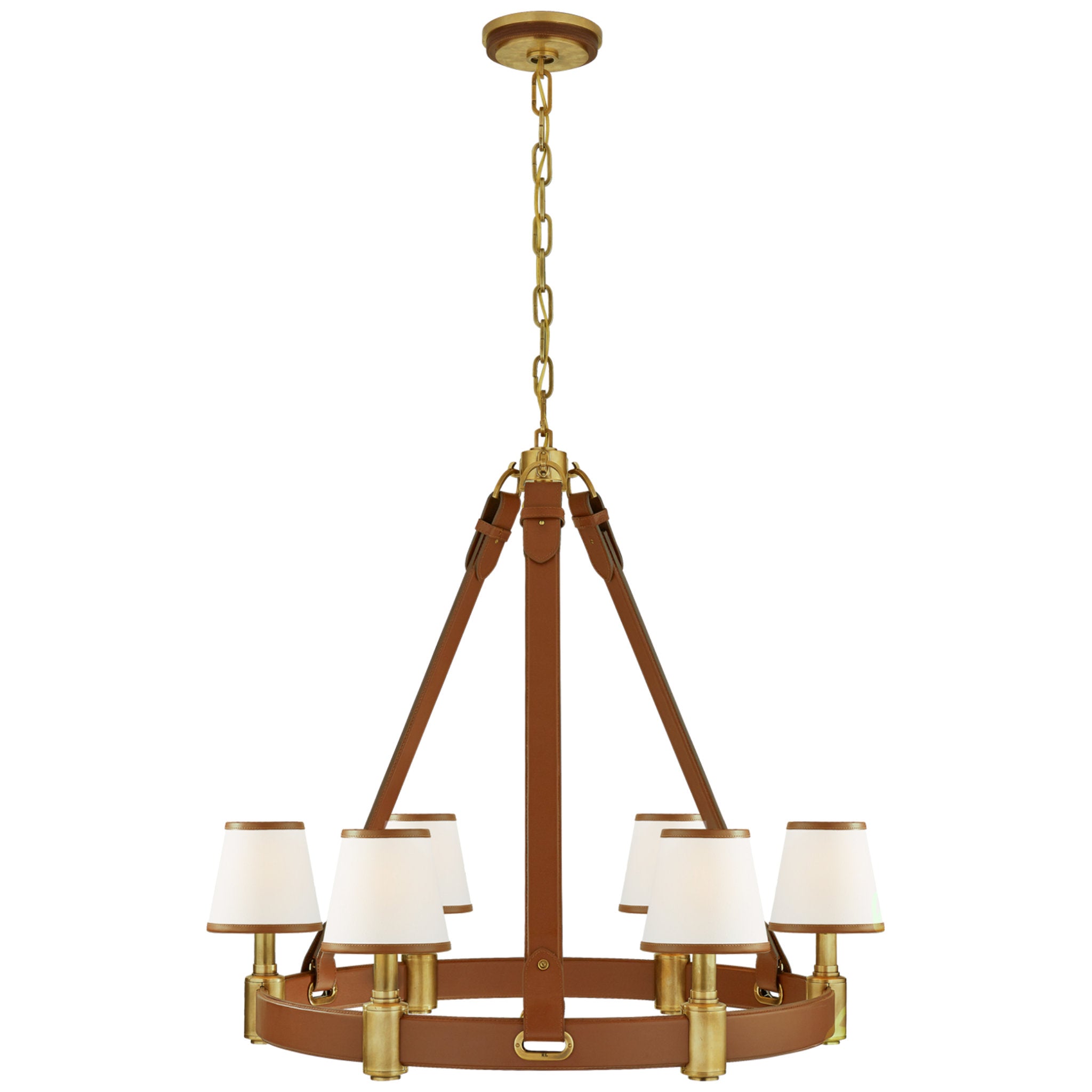 Ralph Lauren Riley Medium Ring Chandelier in Natural Brass and Saddle Leather with Leather Trimmed Linen Shades Ceiling Light W36" x H32"