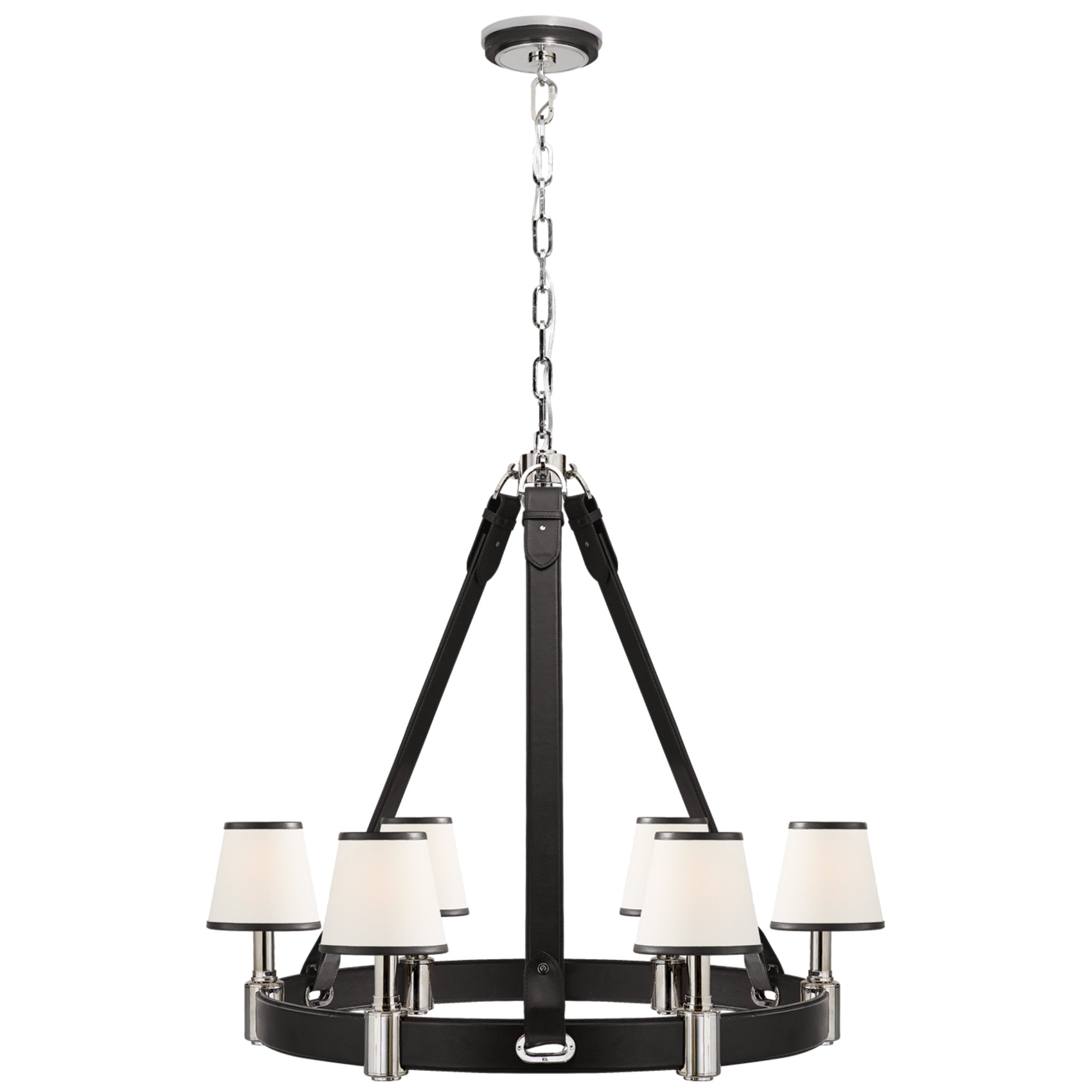 Ralph Lauren Riley Medium Ring Chandelier in Nickel and Chocolate Leather with Leather Trimmed Linen Shades Ceiling Light W36" x H32"