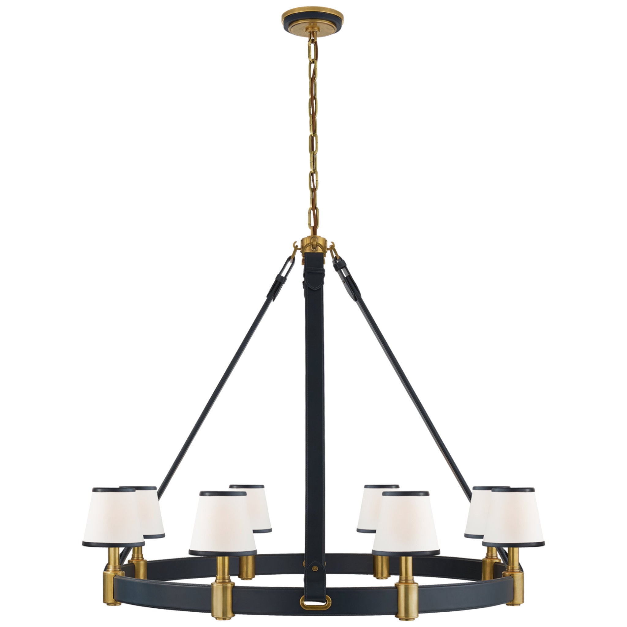 Ralph Lauren Riley Large Ring Chandelier in Natural Brass and Navy Leather with Leather Trimmed Linen Shades Ceiling Light W47.75" x H40"